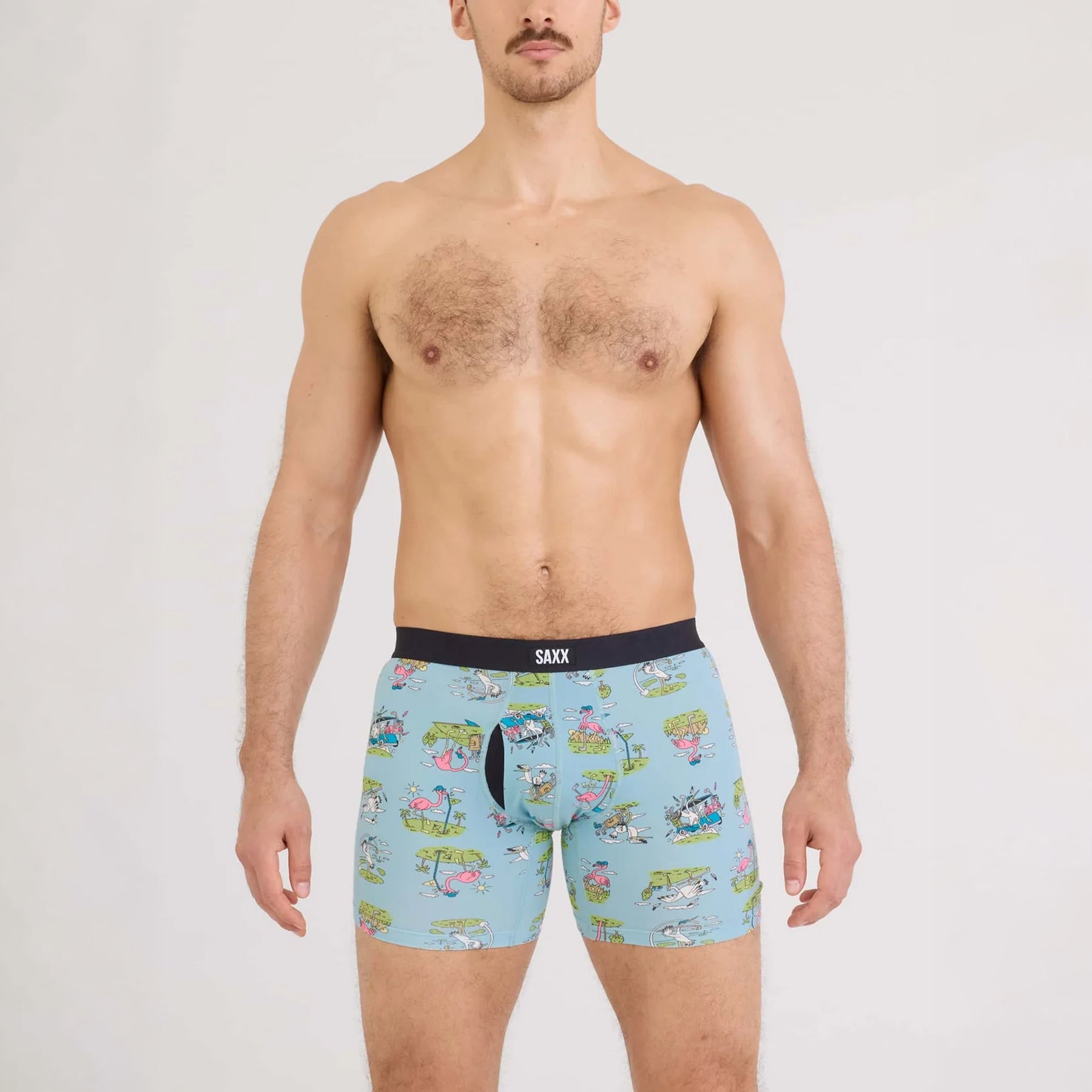 SAXX Vibe Xtra Soft Comfort Trunk #SXVX24F in birdie blue tide BBT. Front view on model.