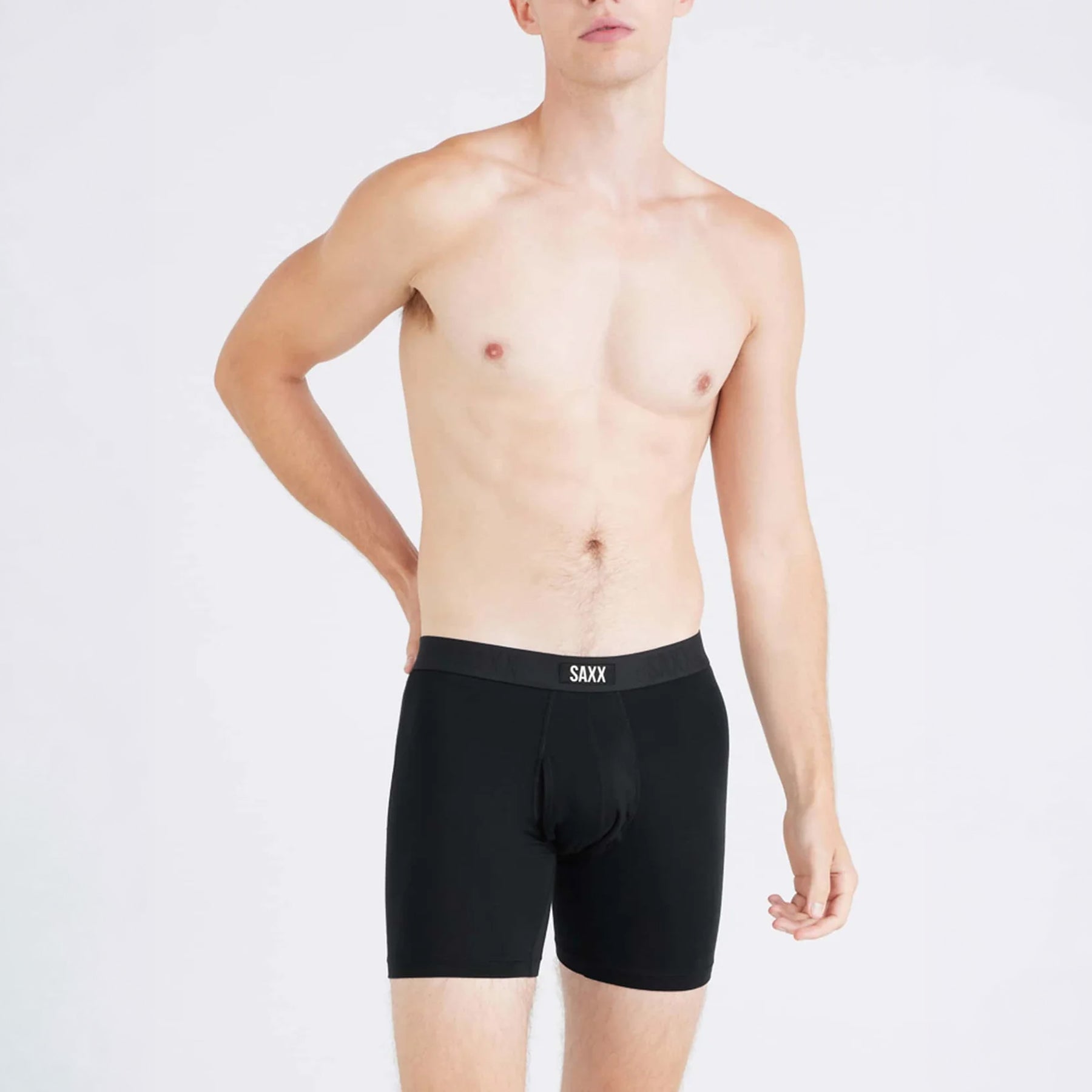 SAXX Vibe Xtra Soft Comfort Trunk #SXVX24F in black. Front view on model.