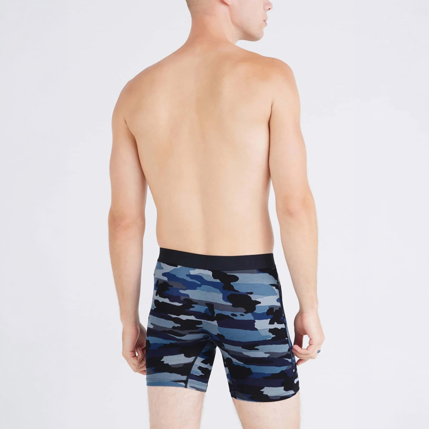SAXX Vibe Xtra Soft Comfort Trunk #SXVX24F in cloudbank camo navy CLD. Rear view on model.