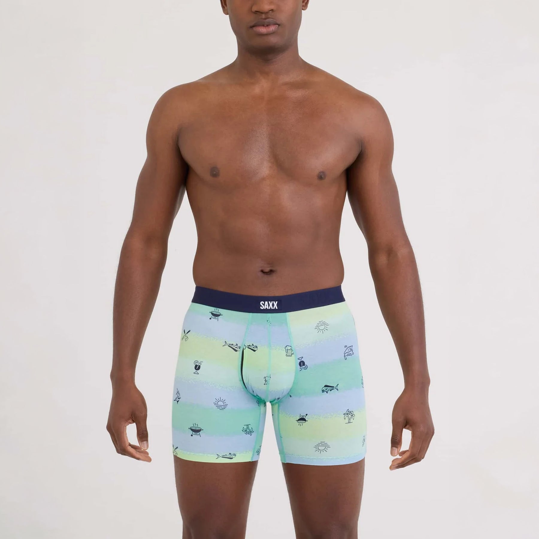 SAXX Vibe Xtra Soft Comfort Trunk #SXVX24F in iconic summer multi ISM. Front view on model.