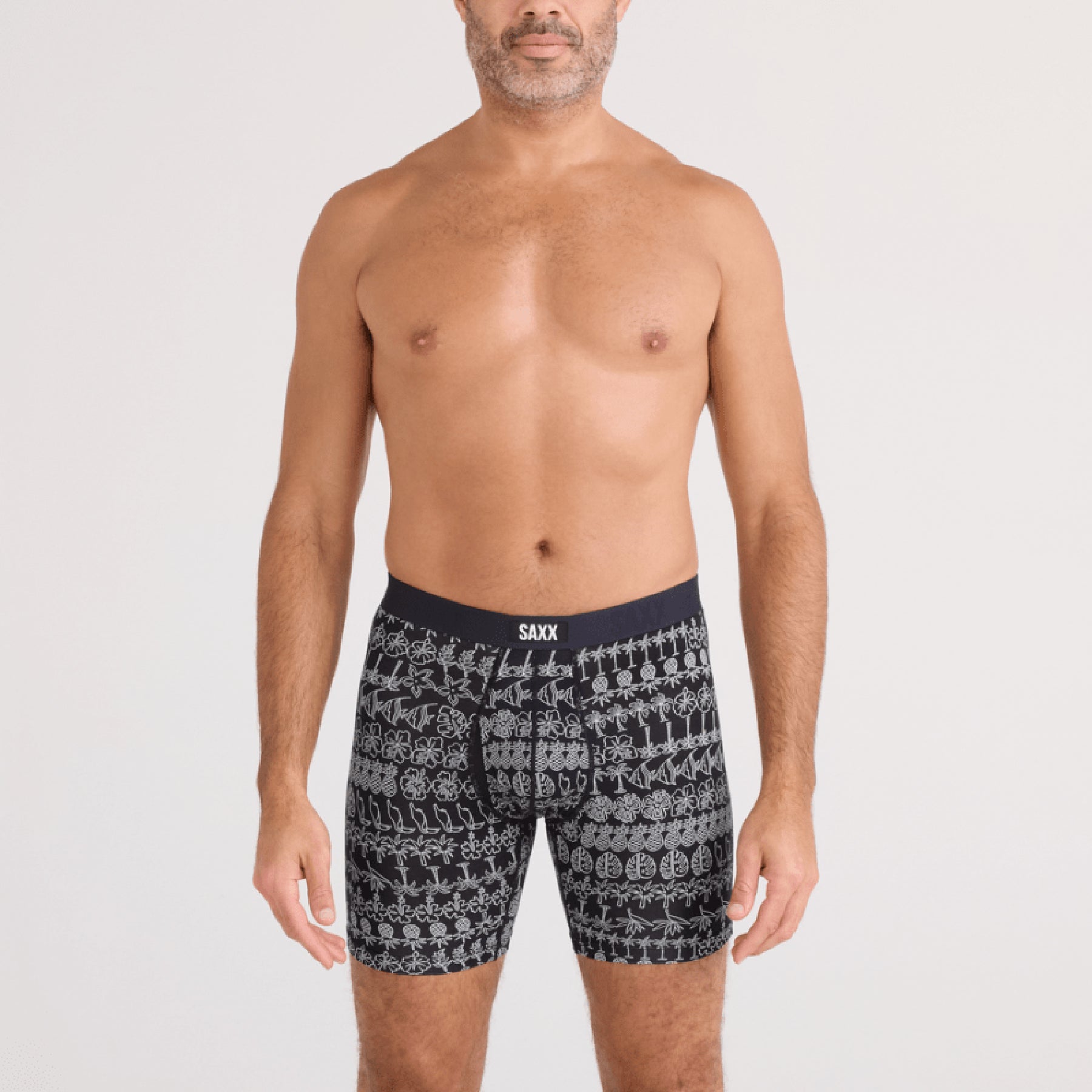 SAXX Vibe Xtra Soft Comfort Trunk #SXVX24F in island lineup black ISP. Front view on model.