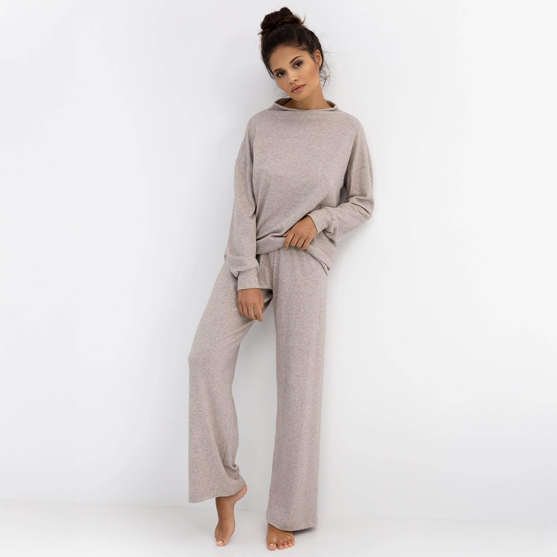 Sensis Zayla long sleeve and pants pajama set in taupe heather (SENSIS_ZAY-PYJ_TAUPE-HEATHER) – full outfit front view