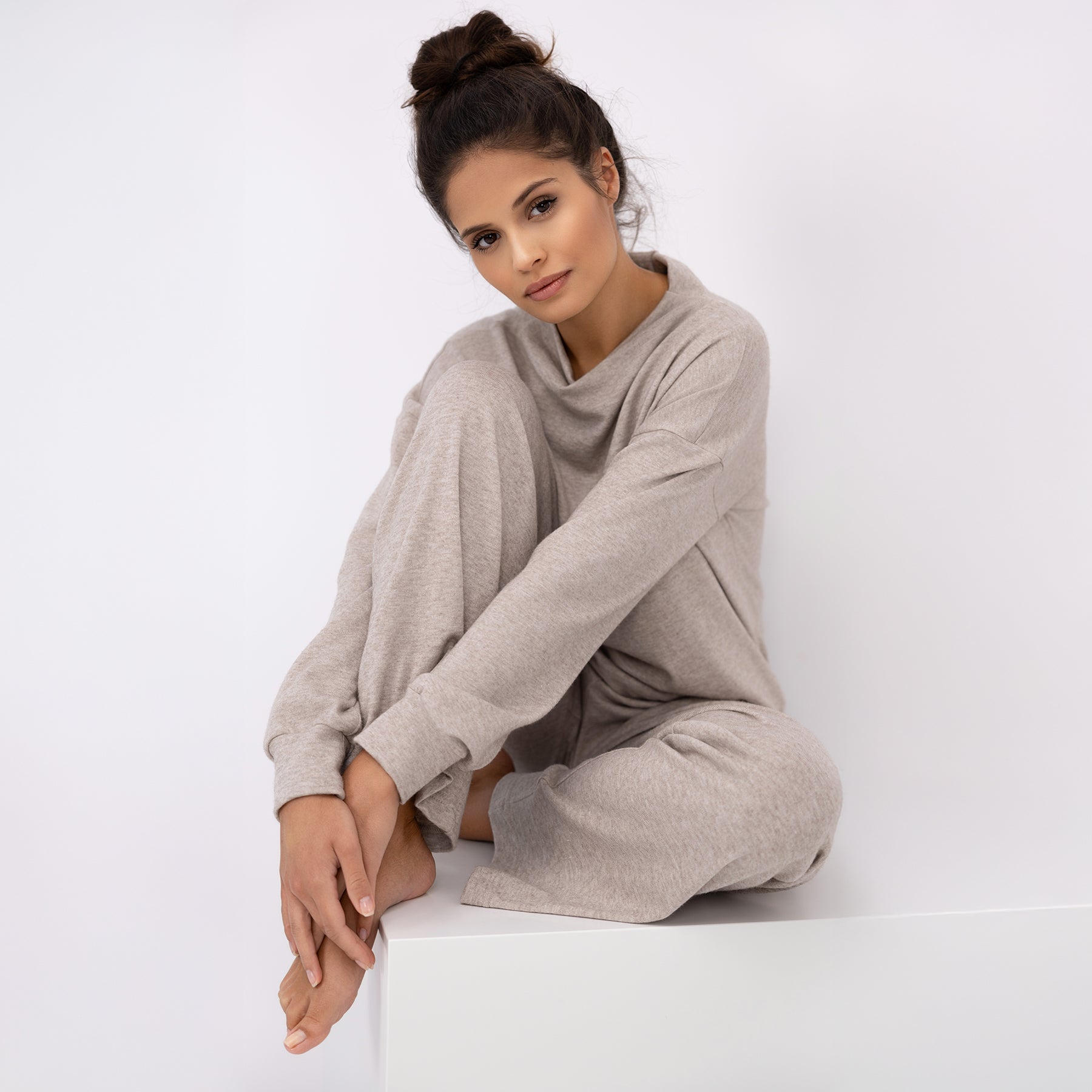 Sensis Zayla soft cotton-blend pajama set taupe heather – sitting relaxed lifestyle view