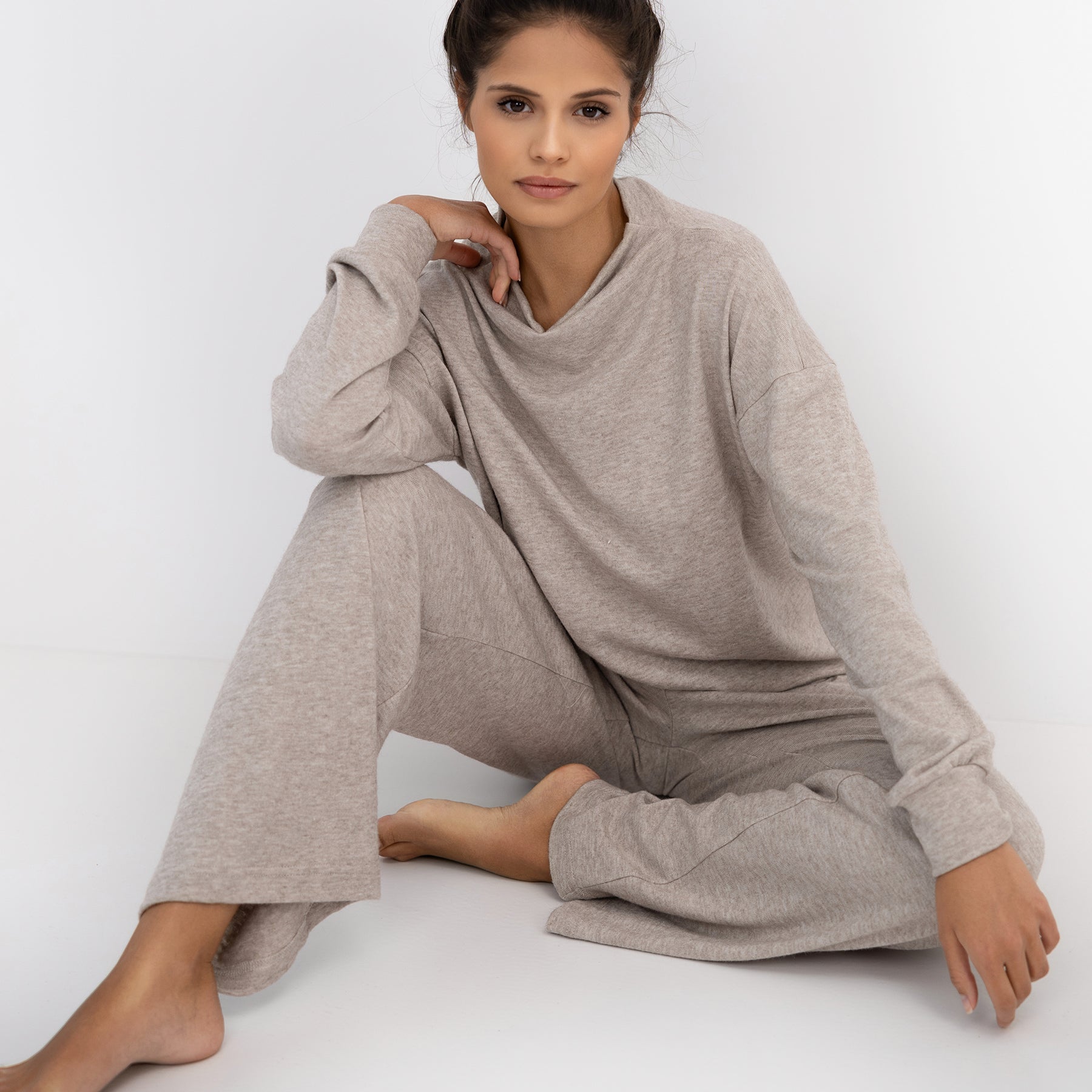 Sensis Zayla pajama set in taupe heather – seated view showcasing relaxed cowl neckline