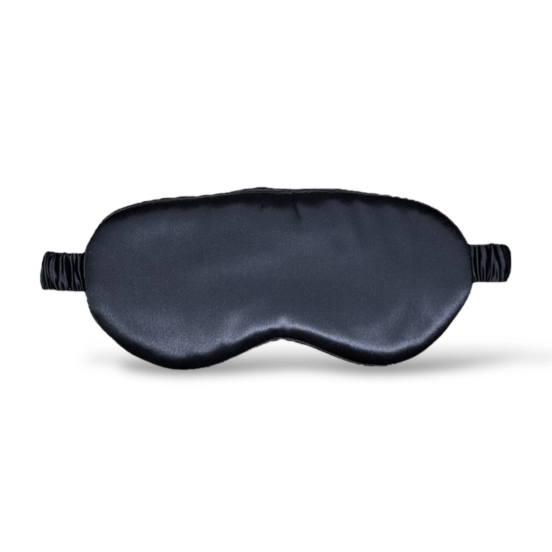 Black silk sleep mask with elastic strap, front view.