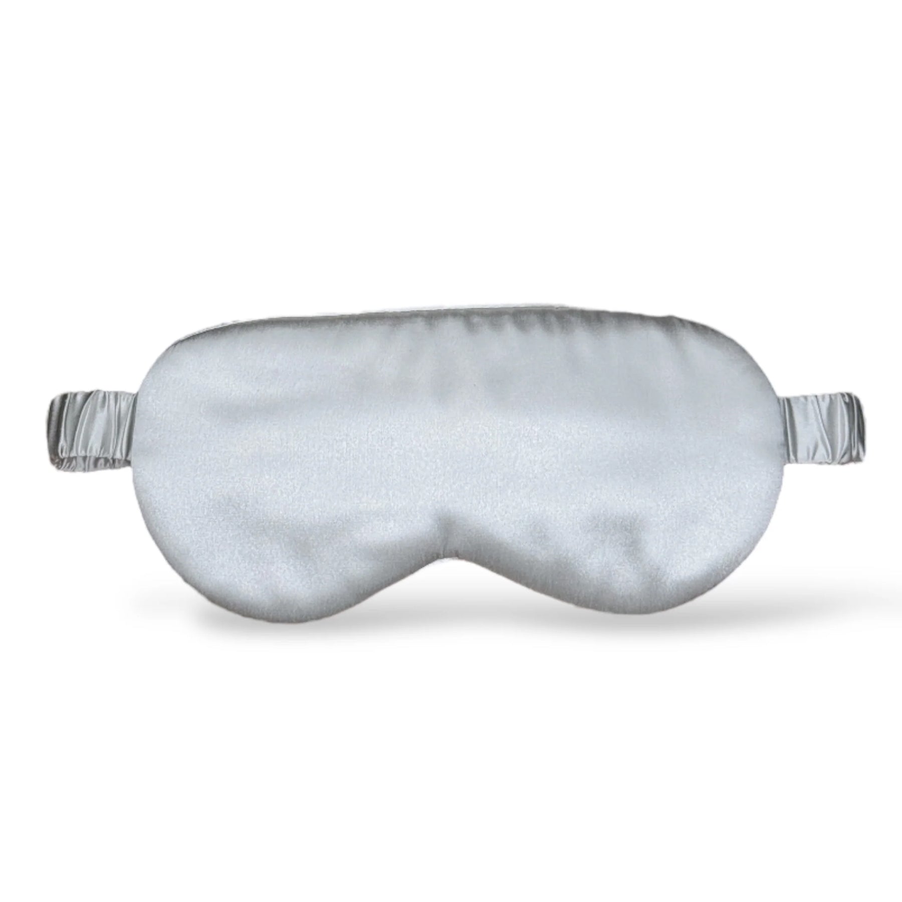 Light grey silk sleep mask with elastic strap, front view.