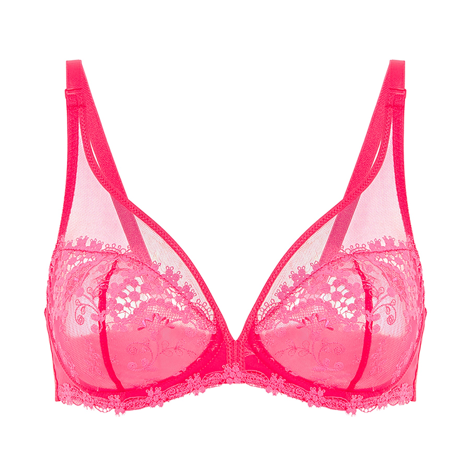 Mesh and guipure lace full cup plunge bra in fabulous hot pink. Front view without model.