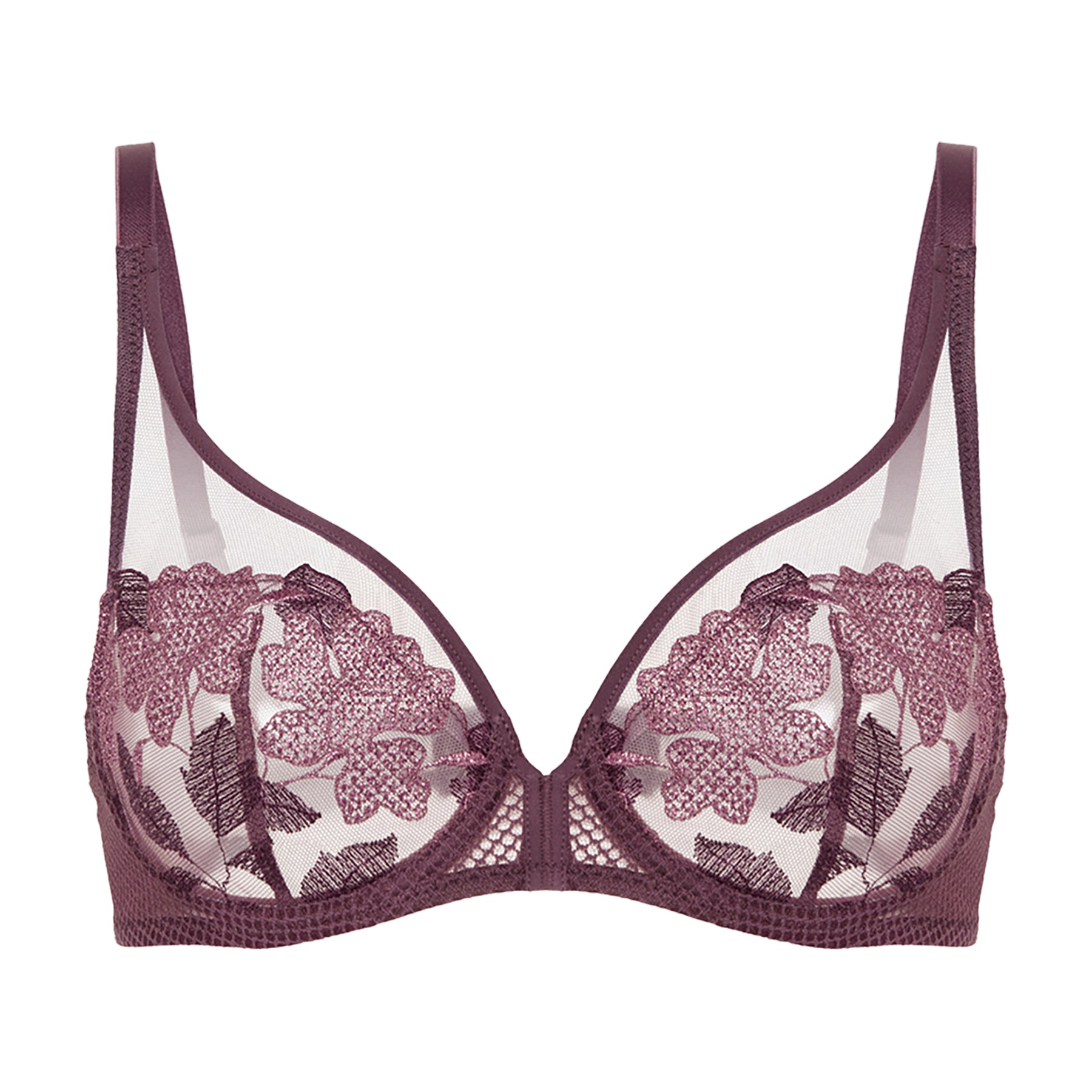 Plunge tulle and mesh bra with embroidered details in burgundy purple byzantine. Front view without model.