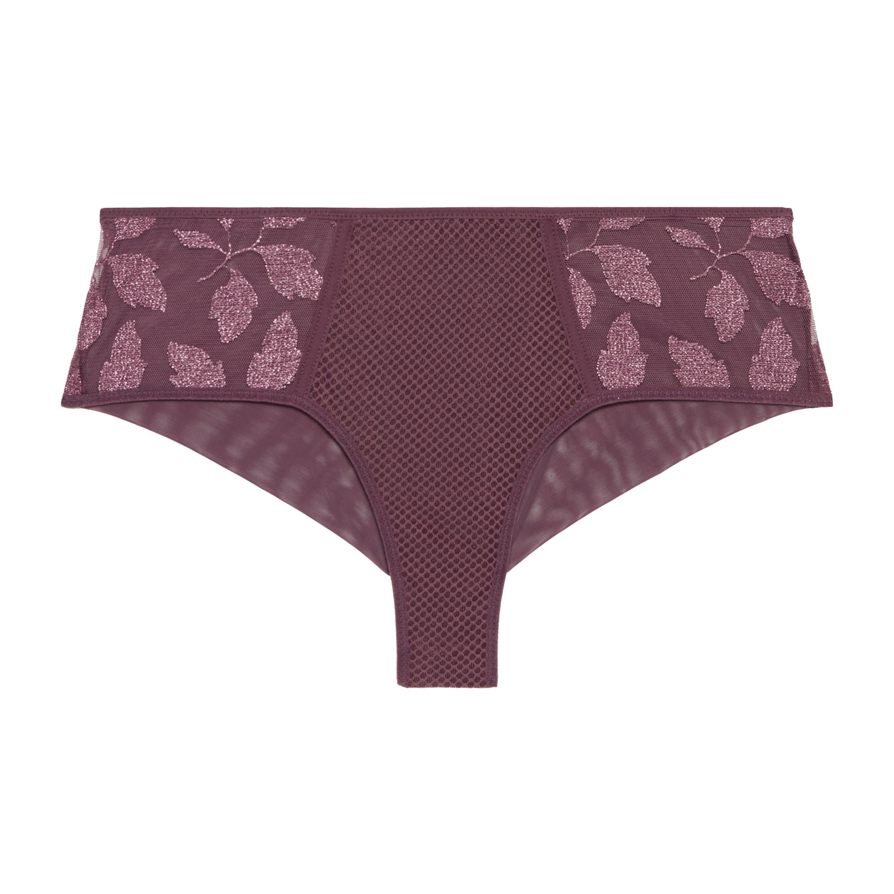 Mid rise shorty boyshort with embroidered side details in burgundy purple byzantine. Front view without model.