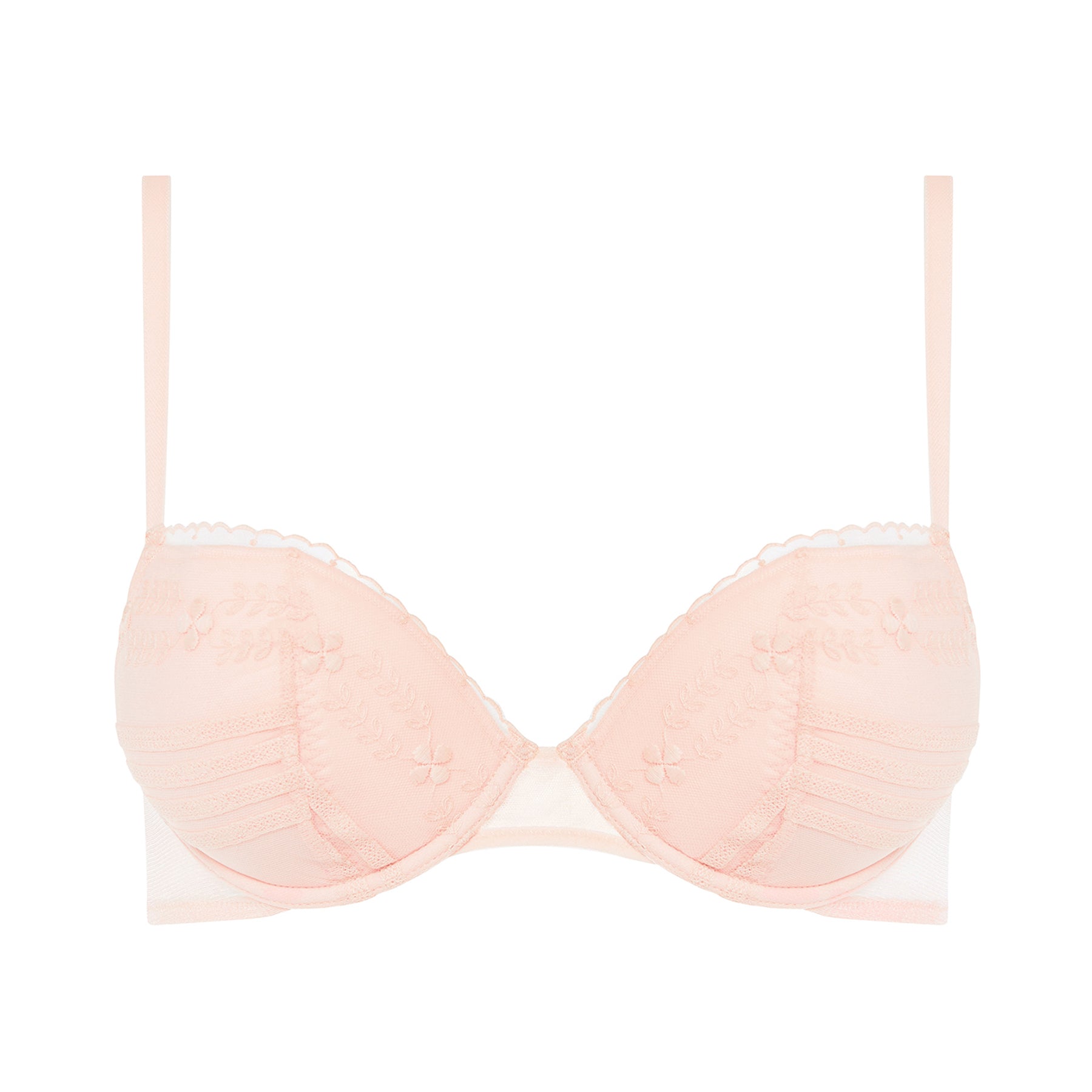 Push up bra in petal powder baby pink with embroidered details on tulle. No model.