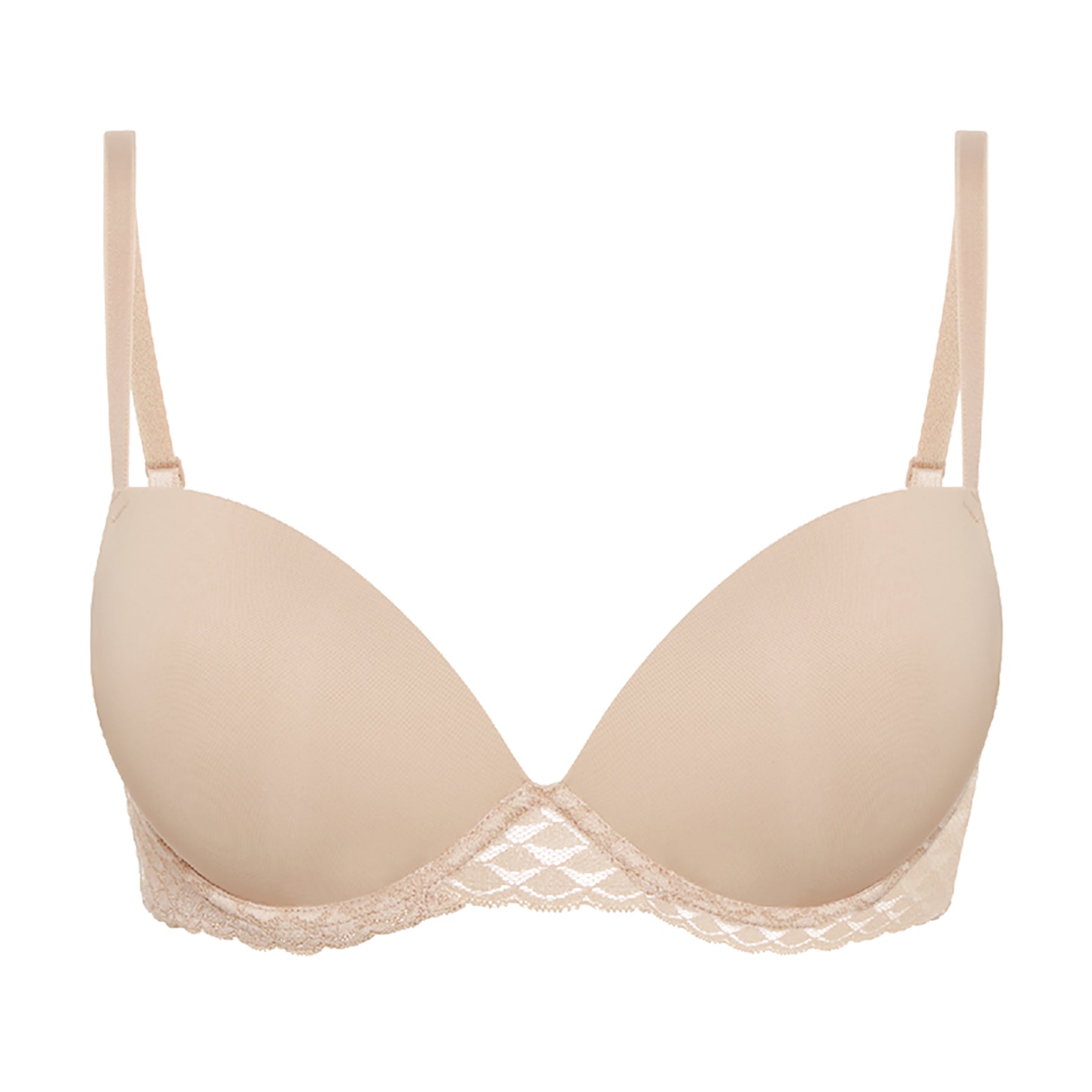 Simone Perele Subtile Push Up Bra in peau rosée flat lay showing push-up cups and scalloped lace