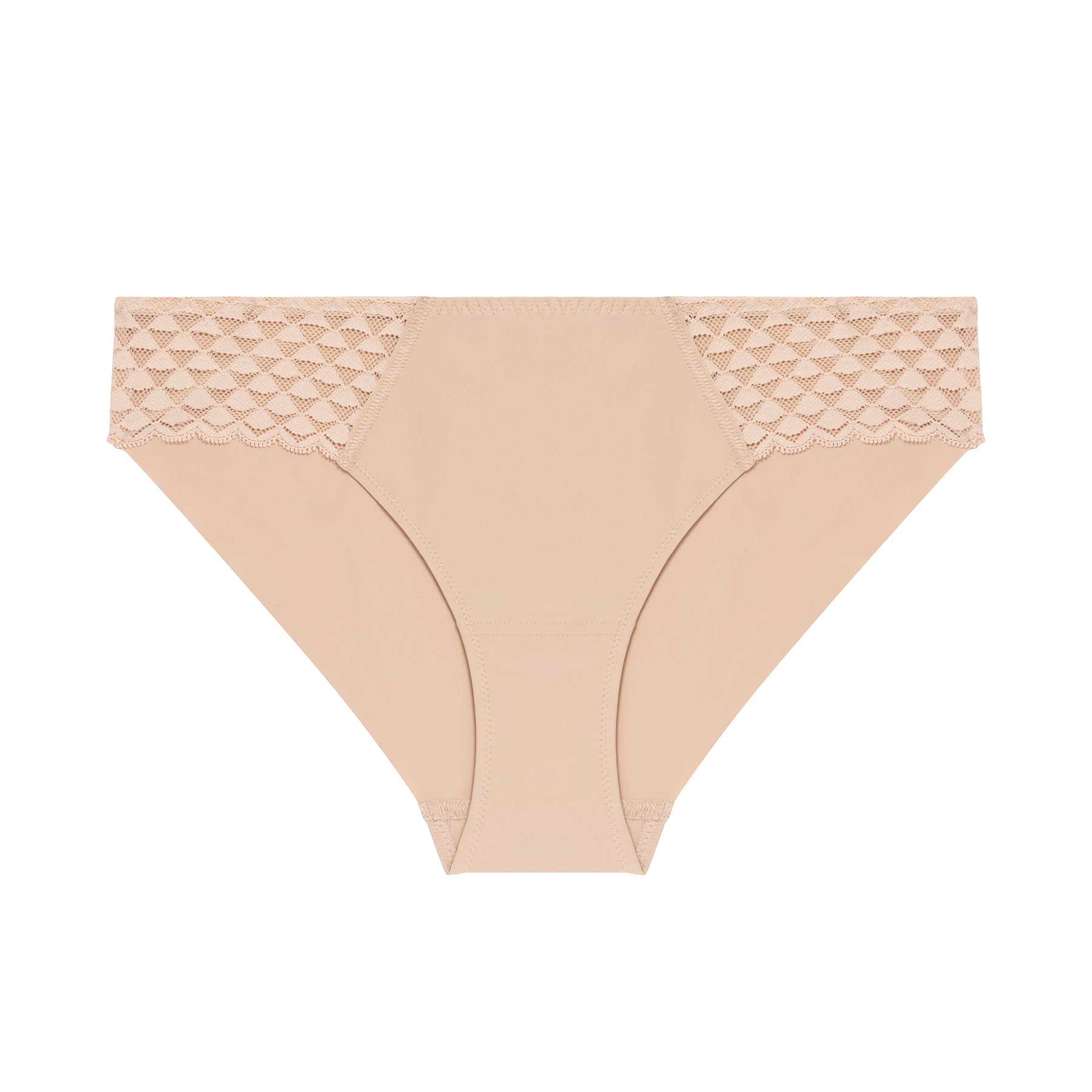 Bikini brief with lace hips in nude peau rose, front view without model.