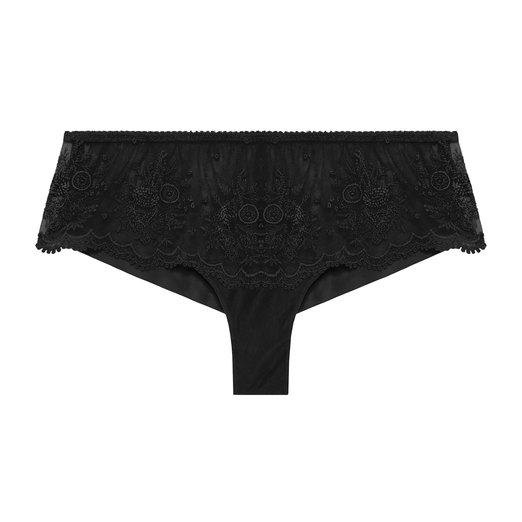 Black tulle and lace embroidered mid-rise cheeky shorty in black. Front view without model.