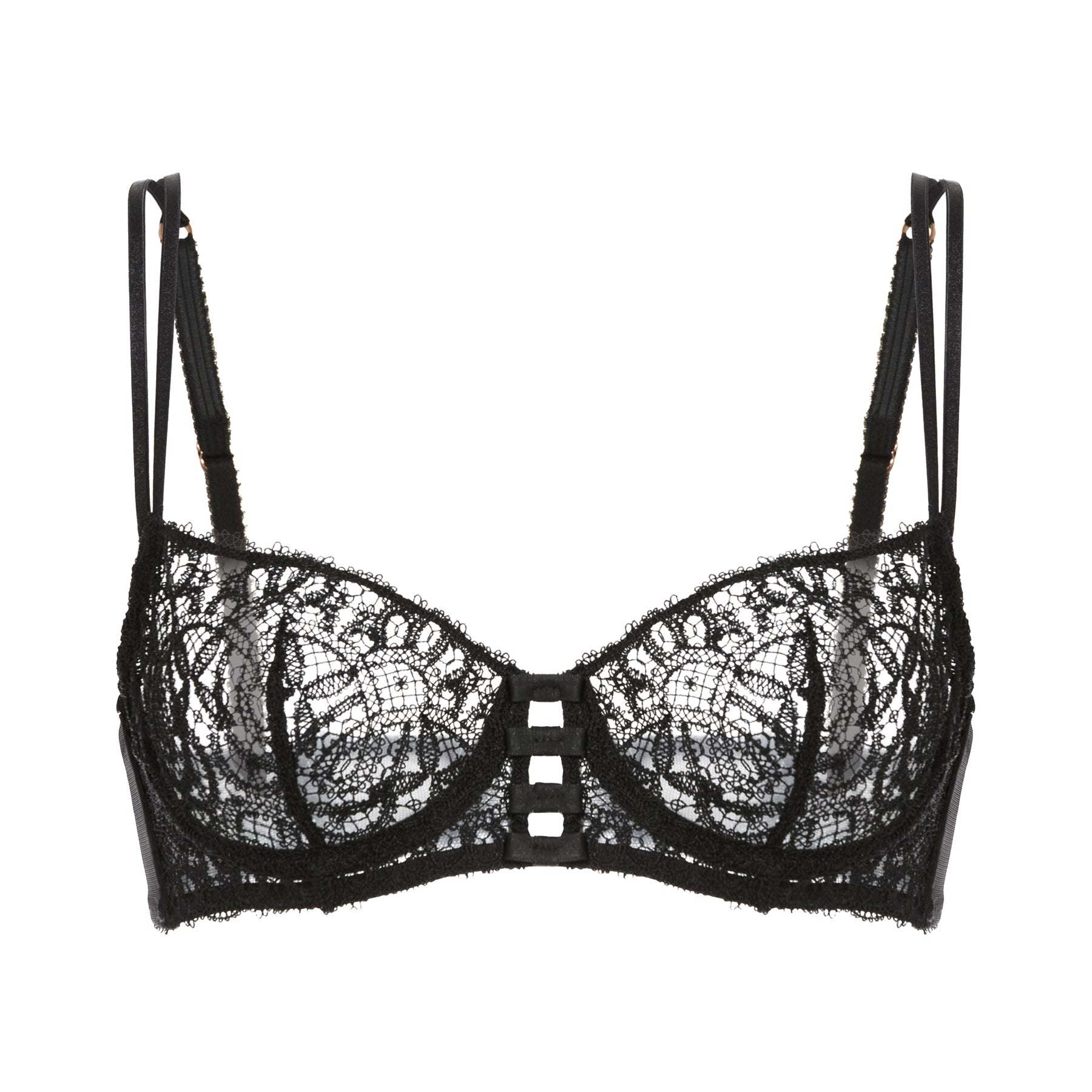Flat lay of Simone Pérèle Symphonie black lace demi bra with triple strap detail