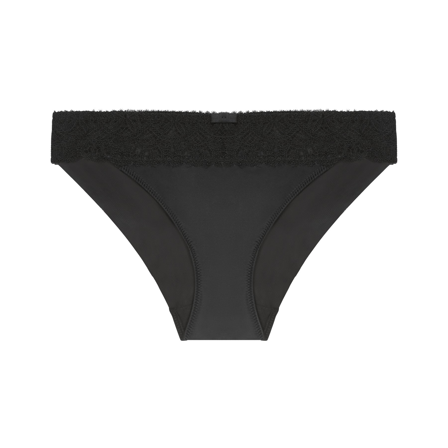 Flat lay of Simone Pérèle Symphonie bikini panty in black with wide lace waistband