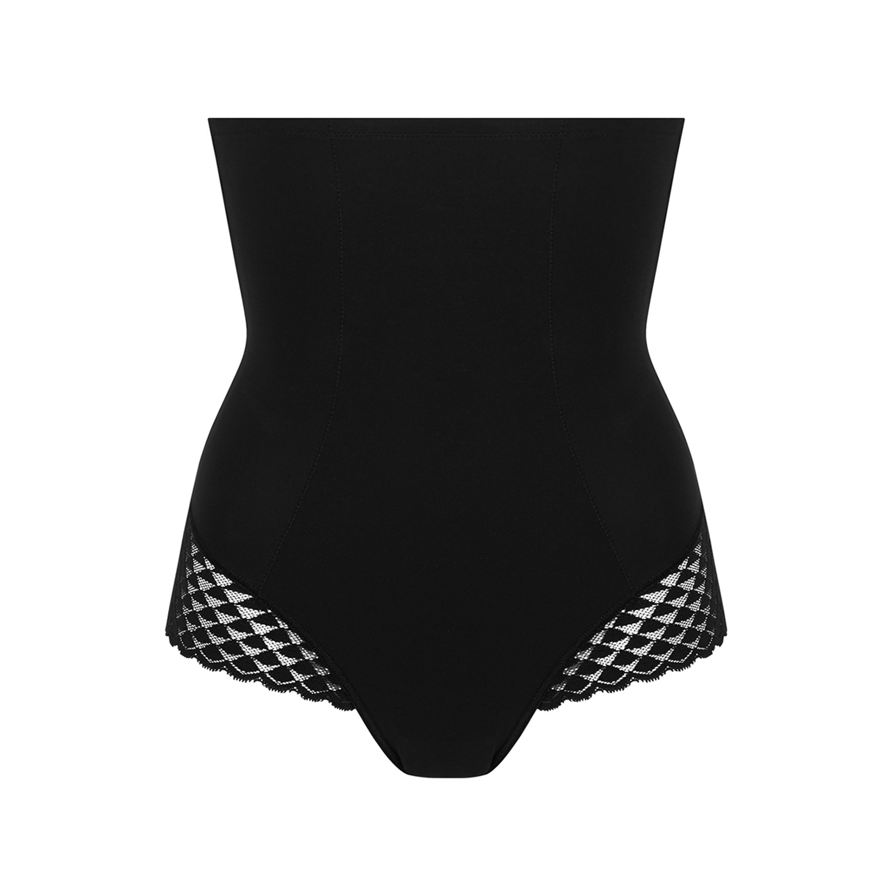 High waist control brief in black with lace detail. Front view, without model.