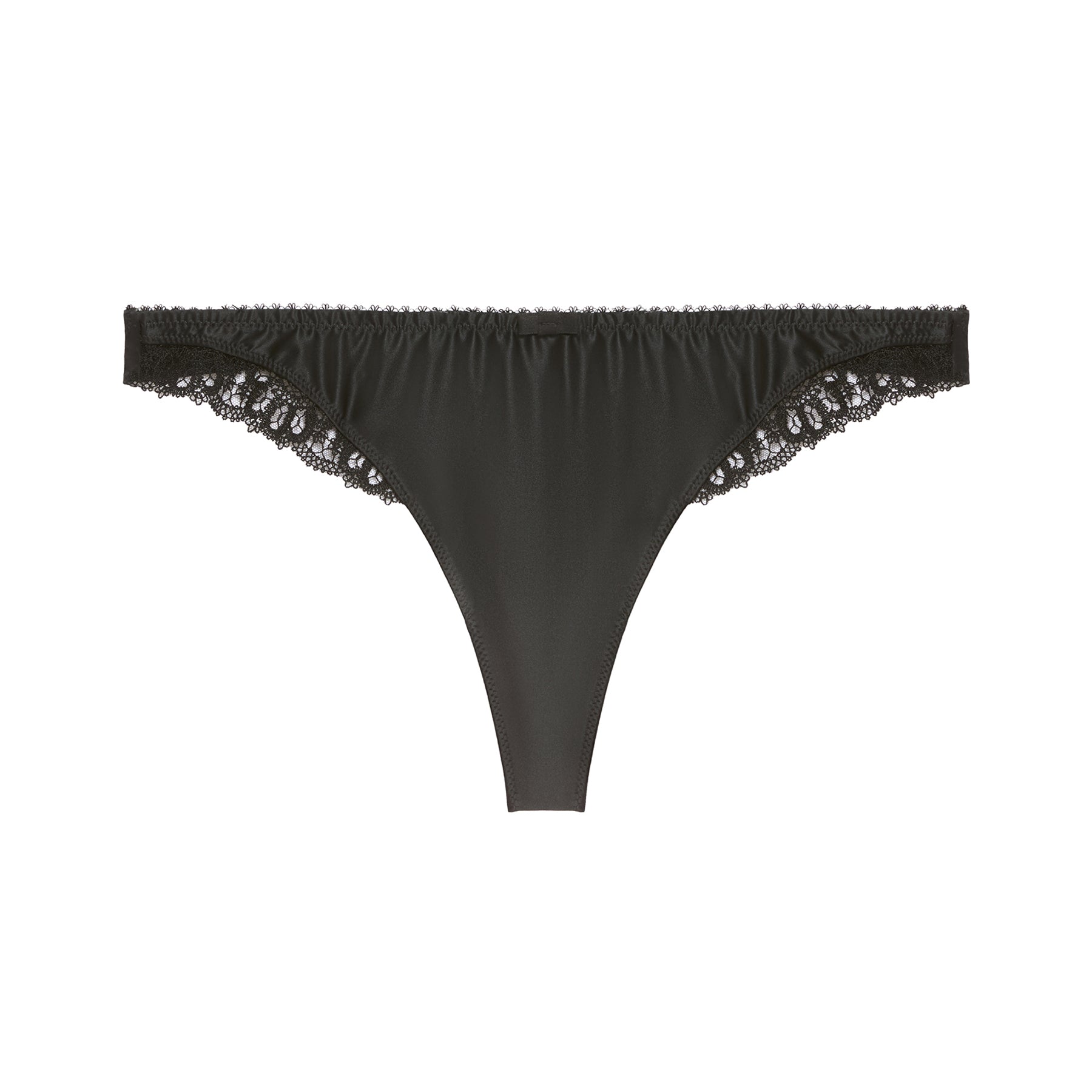 Flat lay of Simone Pérèle Symphonie thong in black with lace-trimmed hips