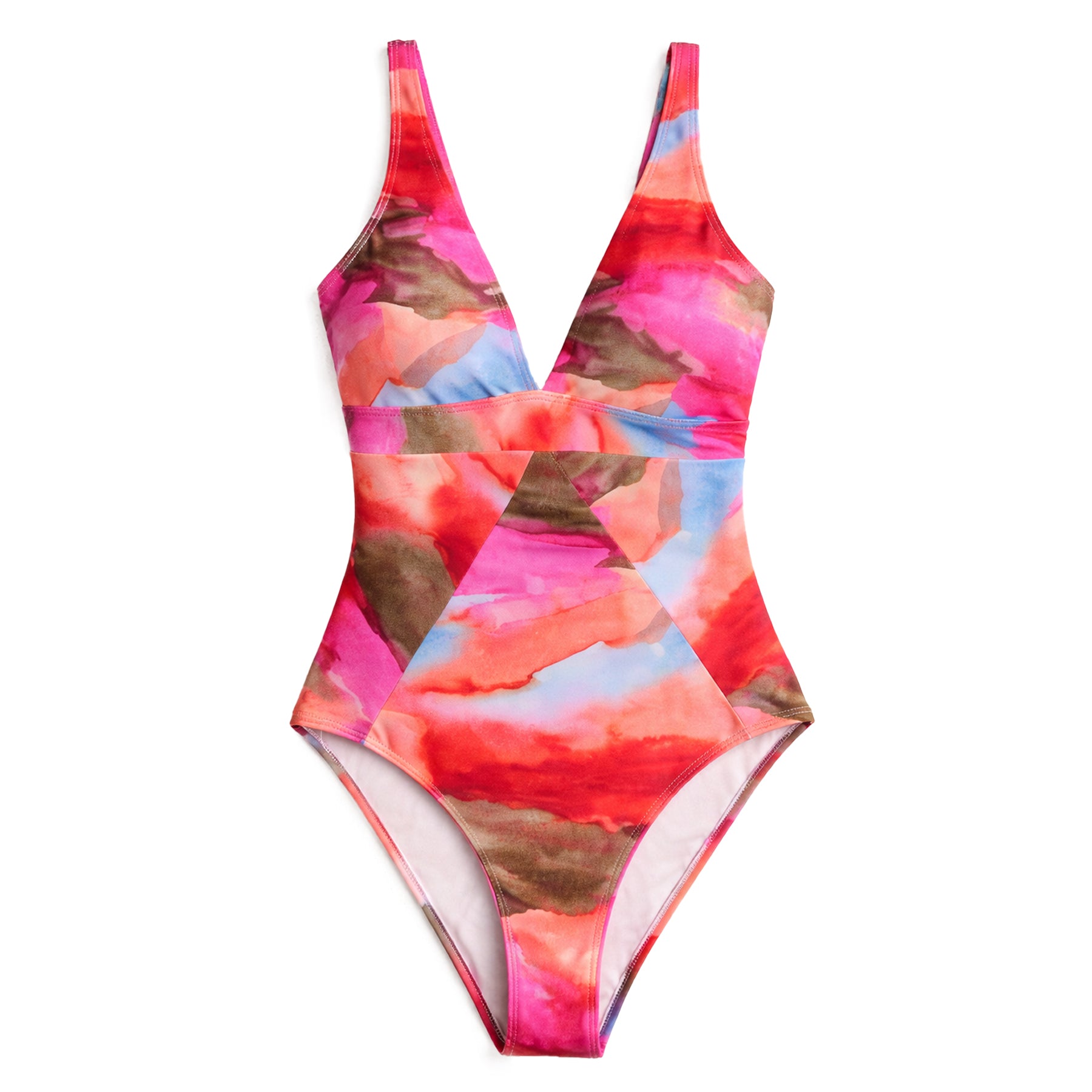 Flat lay of pink watercolor one-piece swimsuit with cross-front bust and high-cut leg on white background