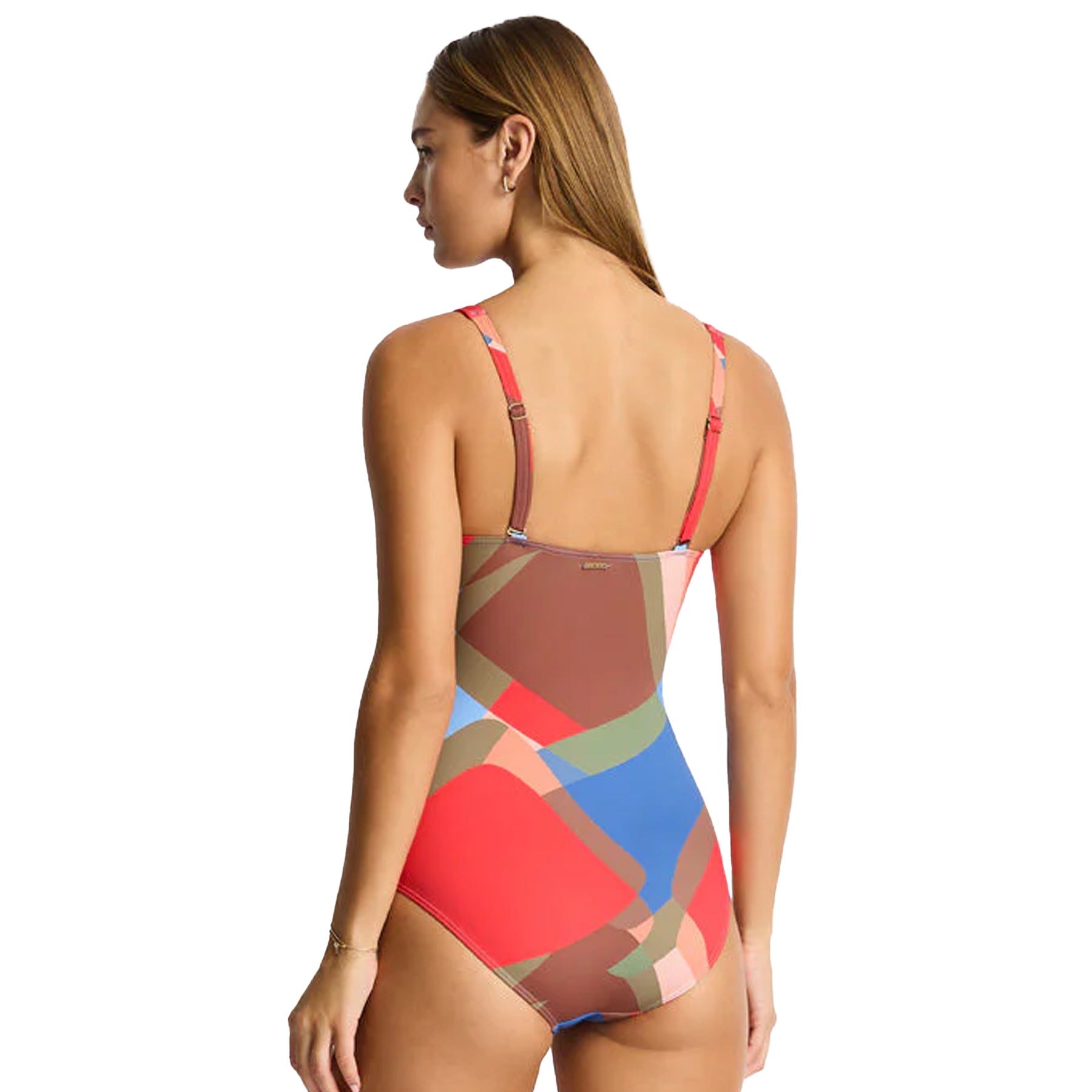 Back view of multicolour geometric one-piece swimsuit with adjustable straps and smooth full coverage.