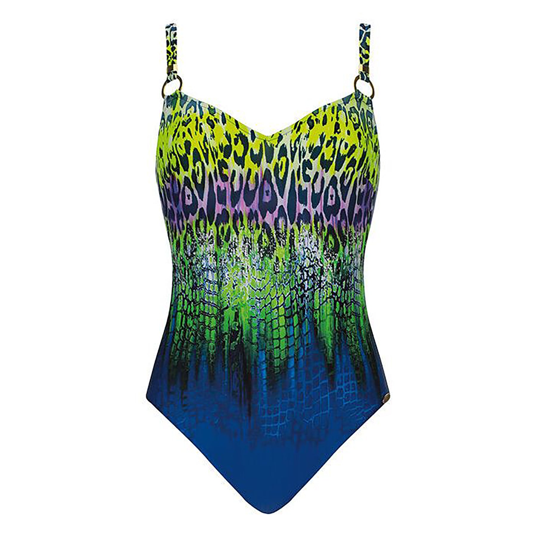 Sunflair 22014 underwired one-piece swimsuit in multicolour leopard and snake print. Flat lay without model.