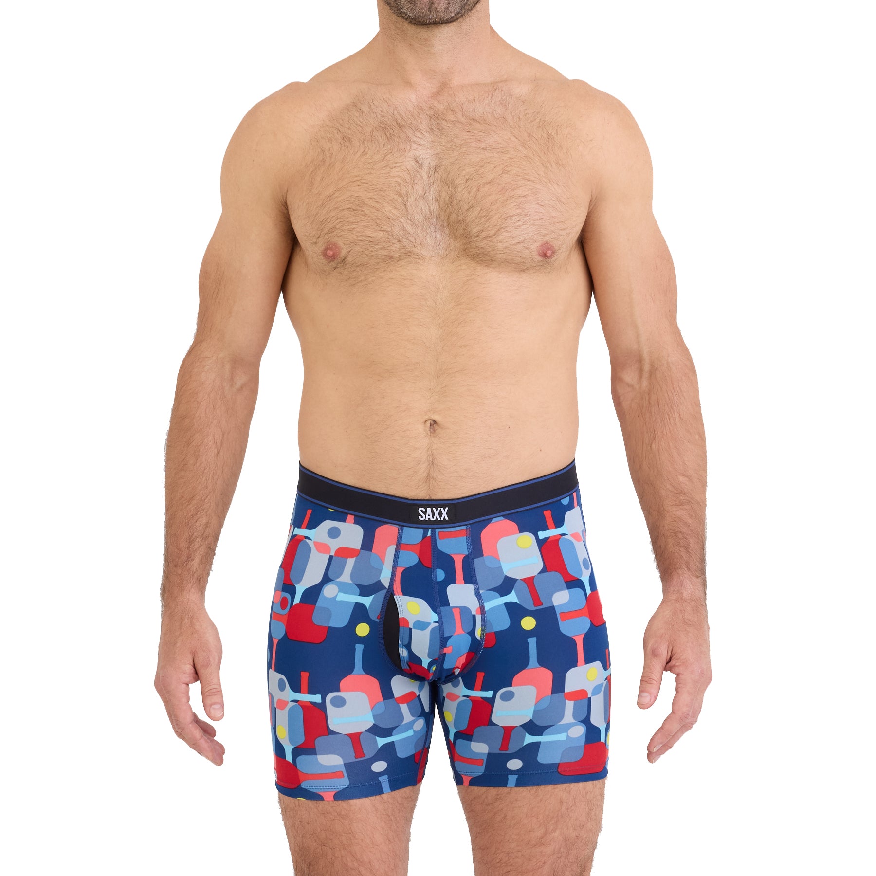 SAXX Pickle Paddle Navy boxer brief with colourful pickleball paddle print, front view on model.