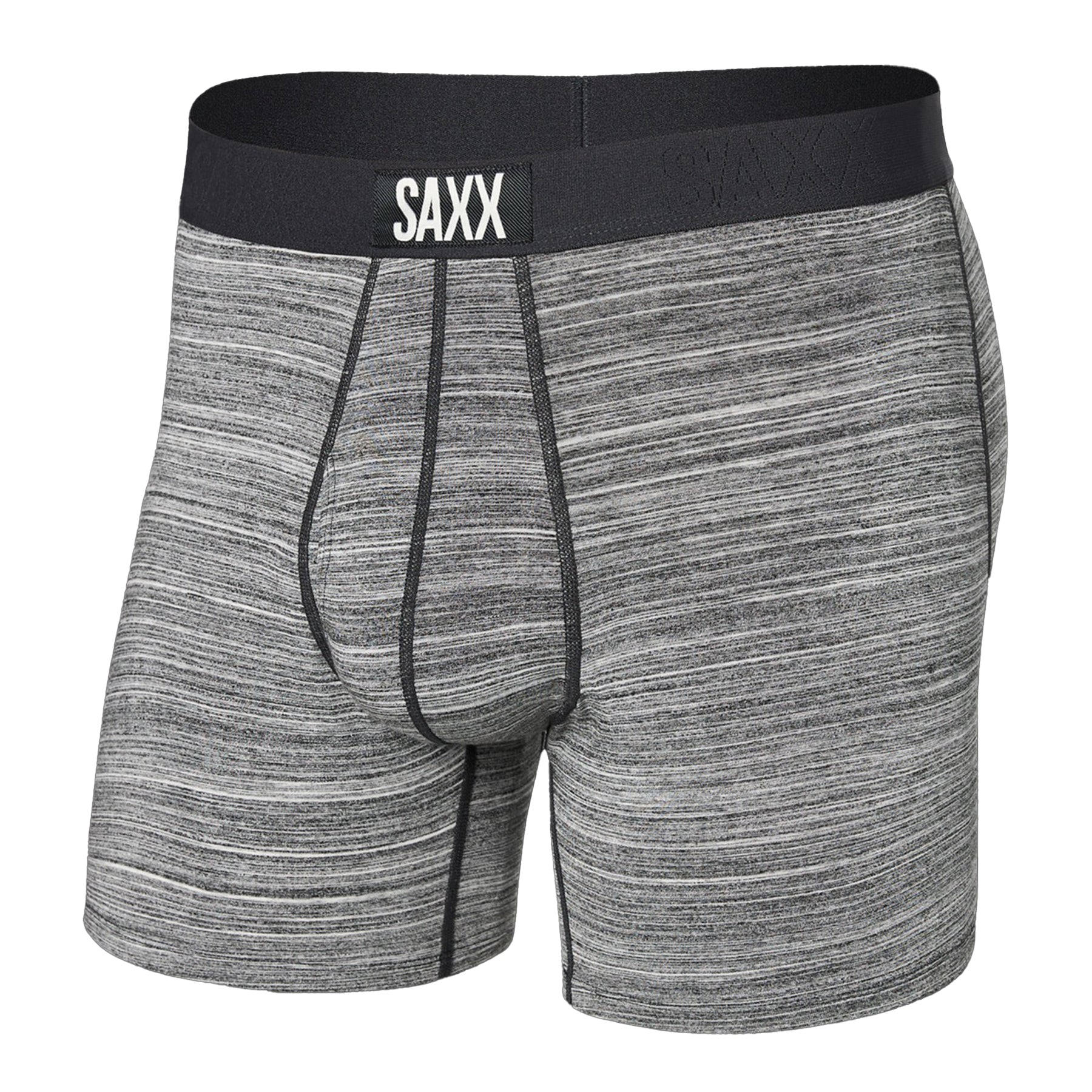 Gray boxer briefs with black waistband featuring SAXX logo on a white background