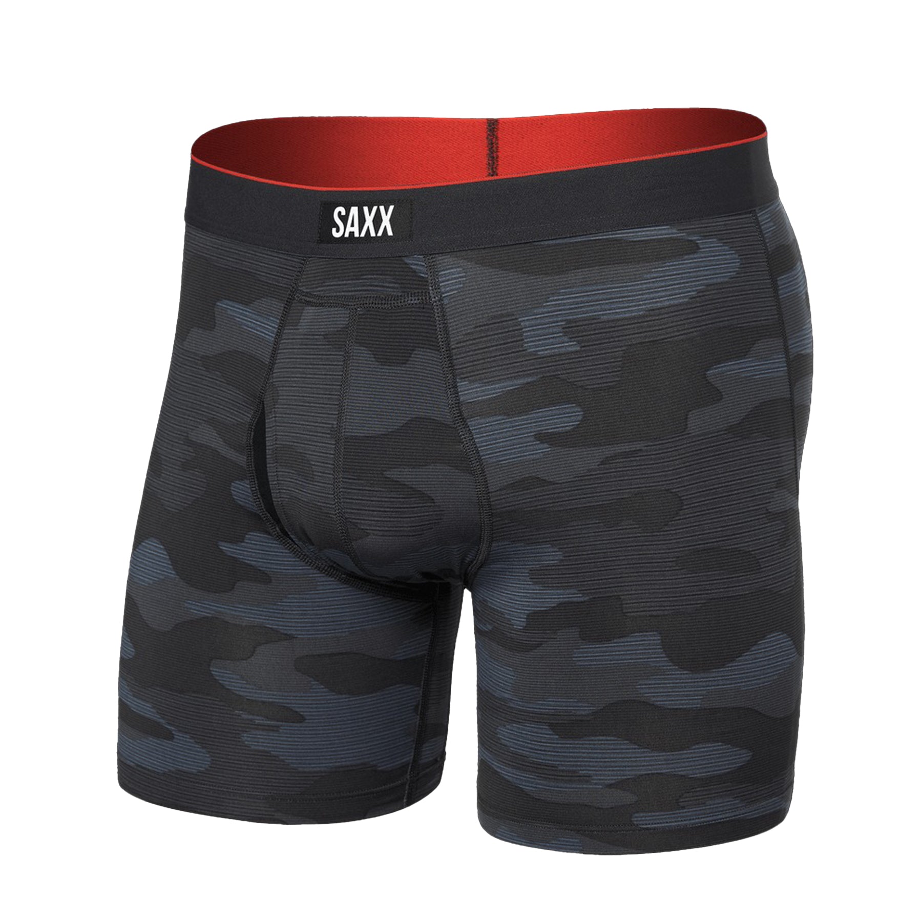 Camouflage-patterned boxer briefs with red waistband and 'SAXX' branding on a white background.