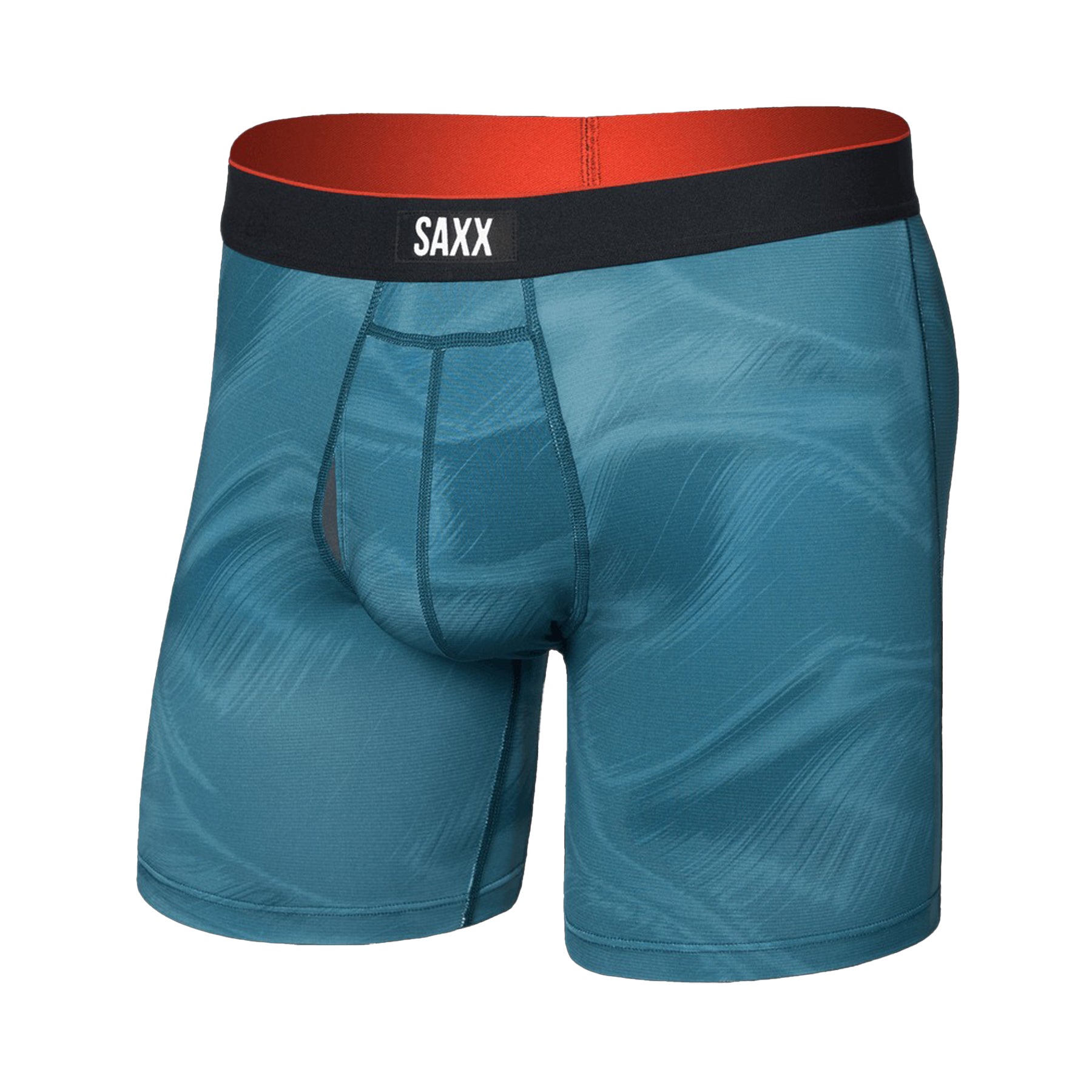 SAXX Platinum Camo Boxer Brief in rich teal with black waistband and red inner lining