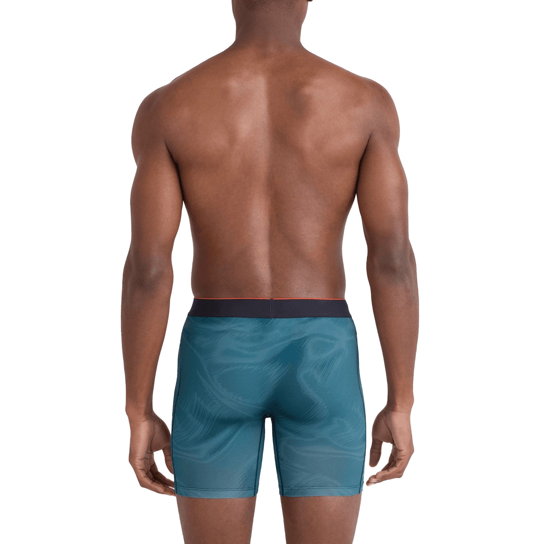 Man wearing teal boxer briefs on a white background
