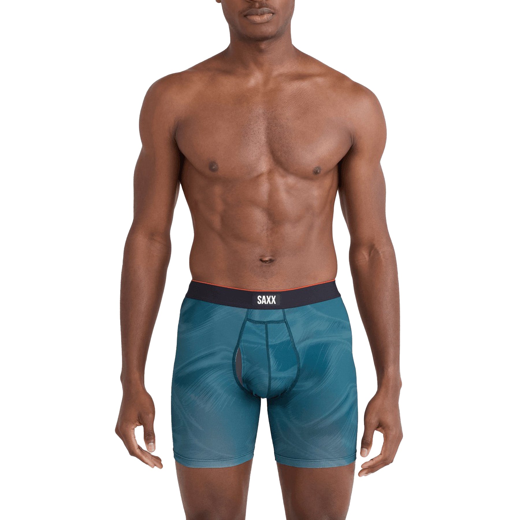 Man wearing teal boxer briefs with a visible brand logo on a white background