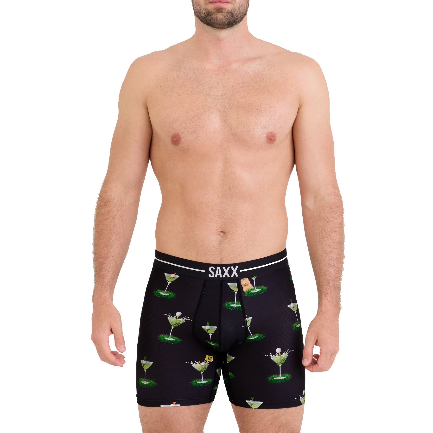 SAXX My Handicap Black boxer brief with novelty golf cocktail print, front view on model.