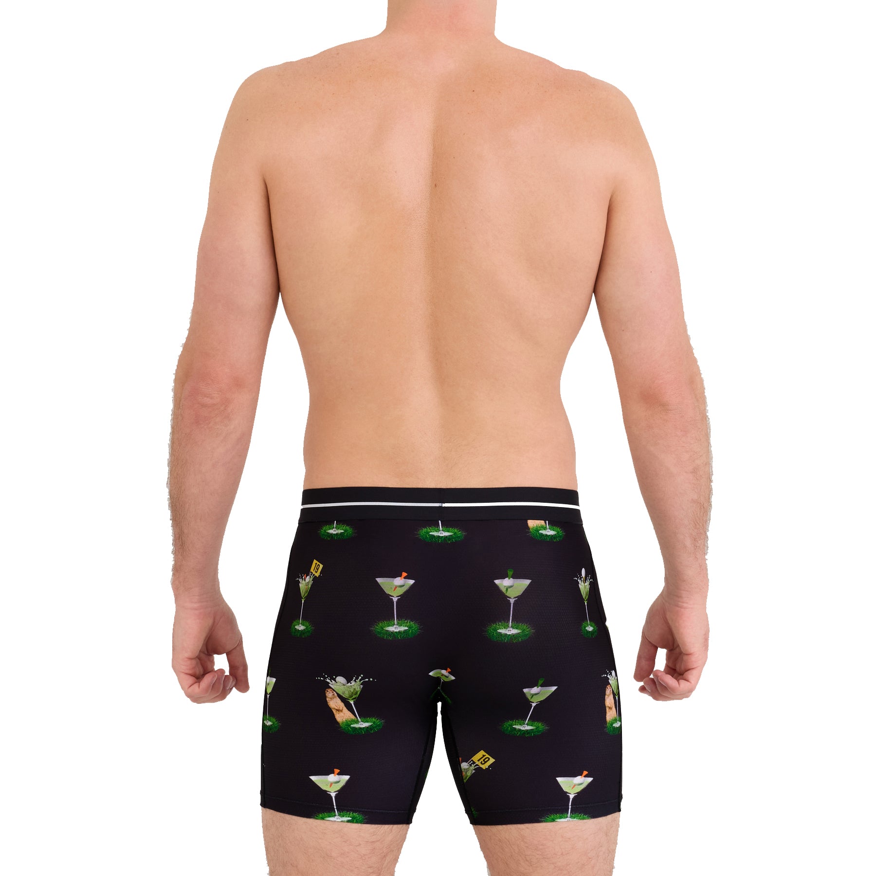 SAXX My Handicap Black boxer brief with golf-themed cocktail print, back view on model.