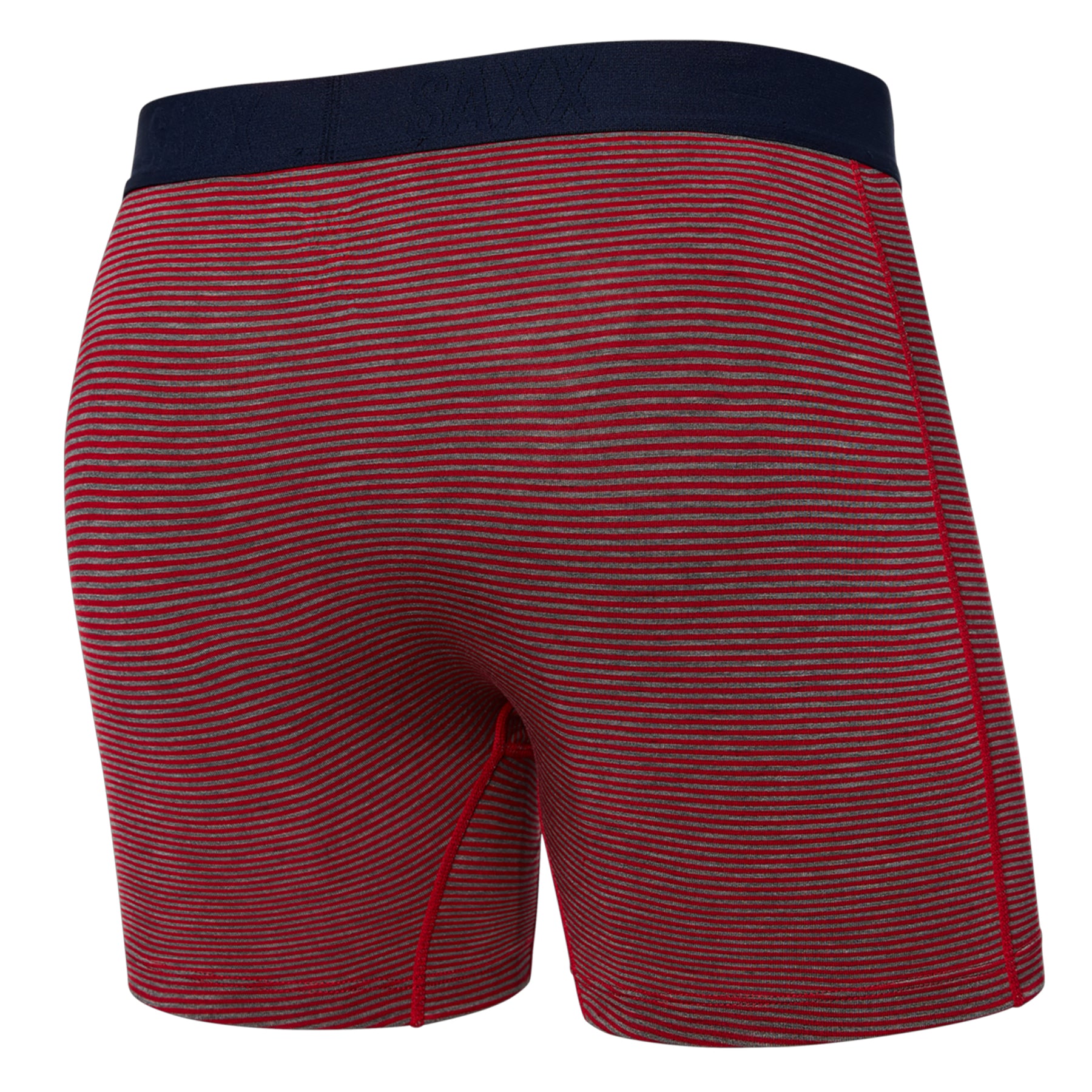 Red and gray striped shorts with a black waistband on a white background