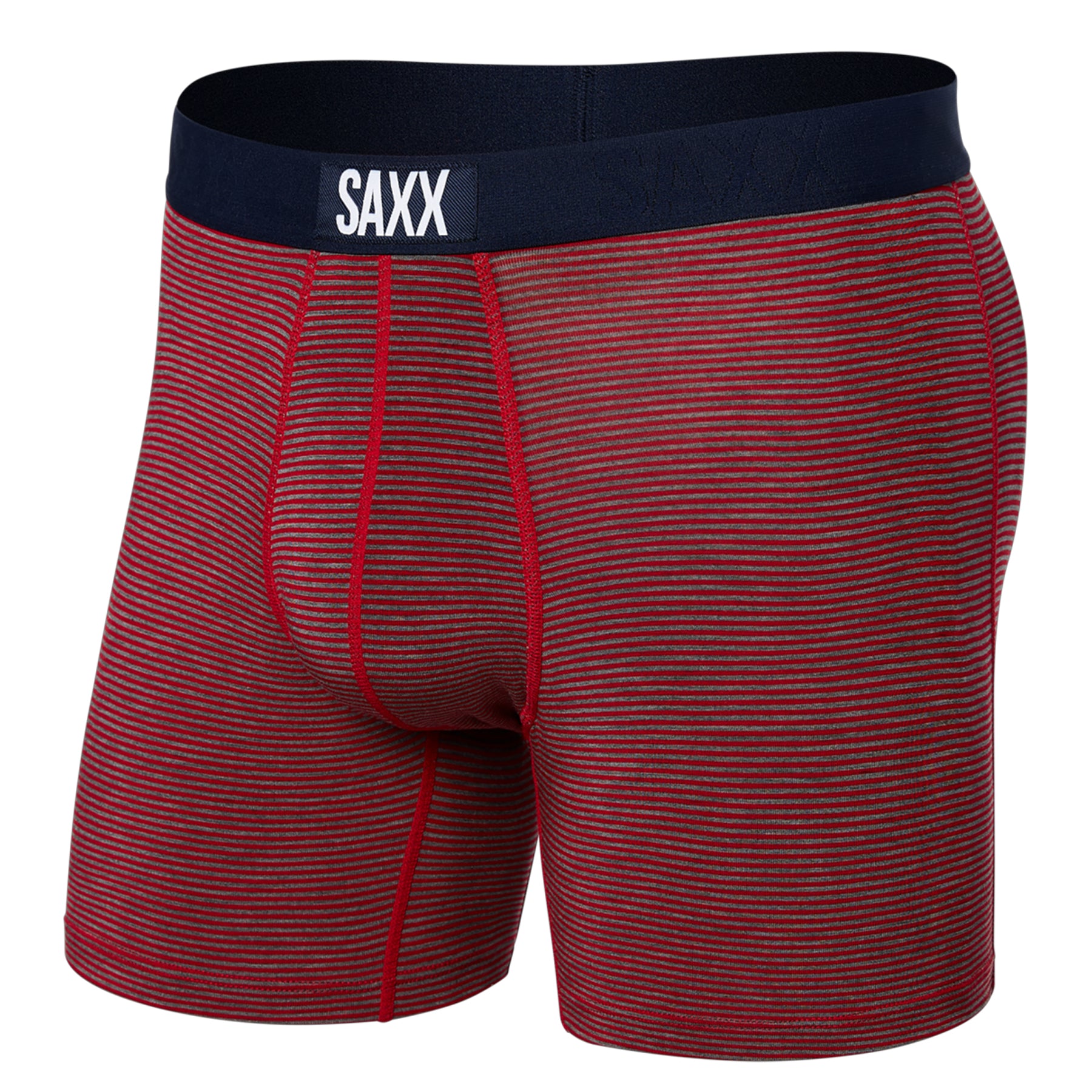 Red striped boxer briefs with navy waistband on a white background
