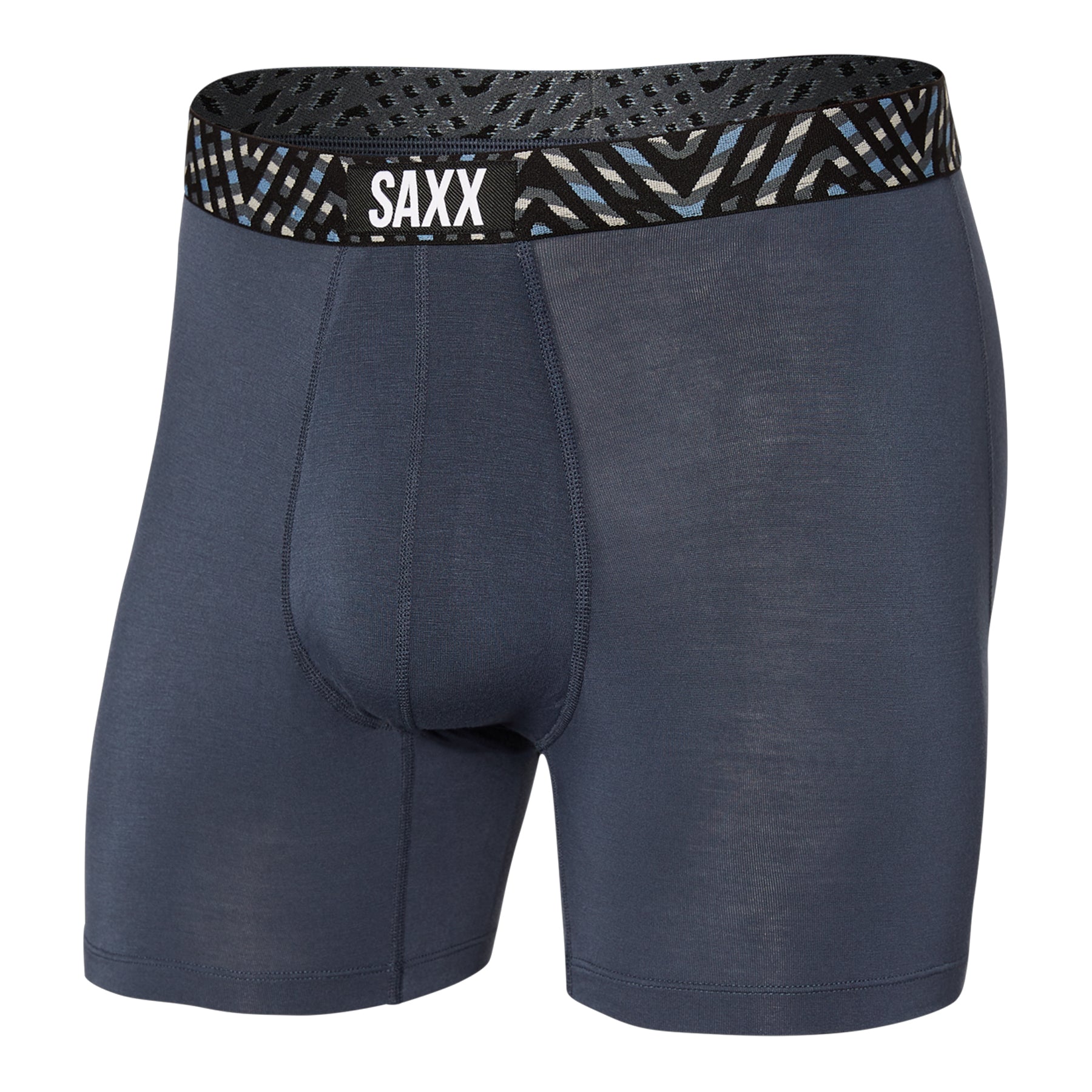 Gray boxer briefs with a patterned waistband featuring 'SAXX' branding on a white background.