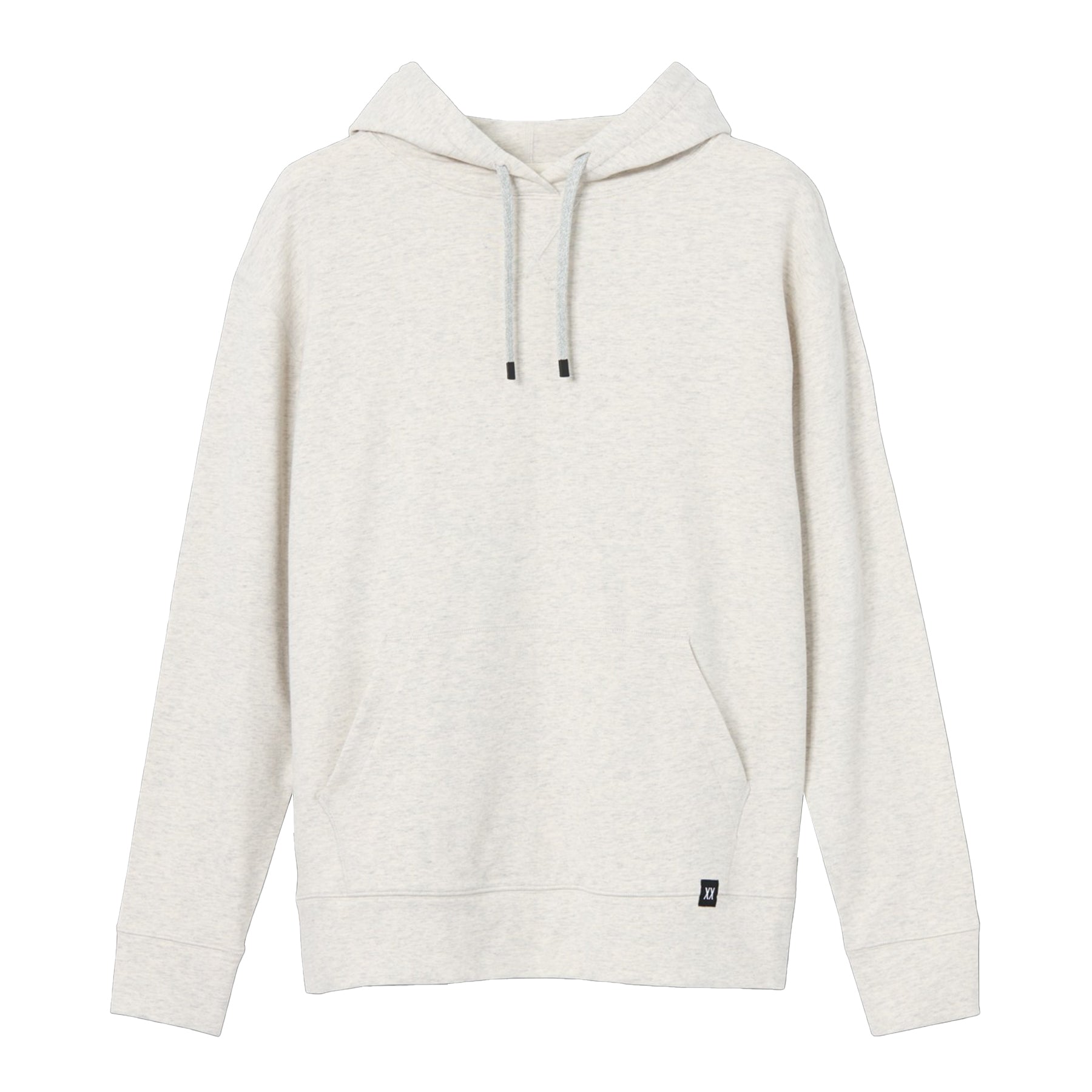 Flat lay of a light heather grey hoodie with long sleeves, front pocket, and adjustable drawstrings.