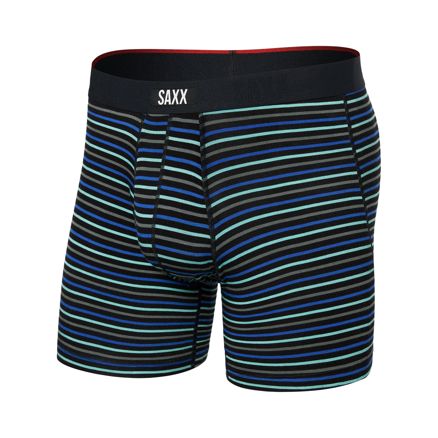 SAXX Gents Stripe Blue boxer brief featuring blue, aqua, and grey horizontal stripes on a black background.