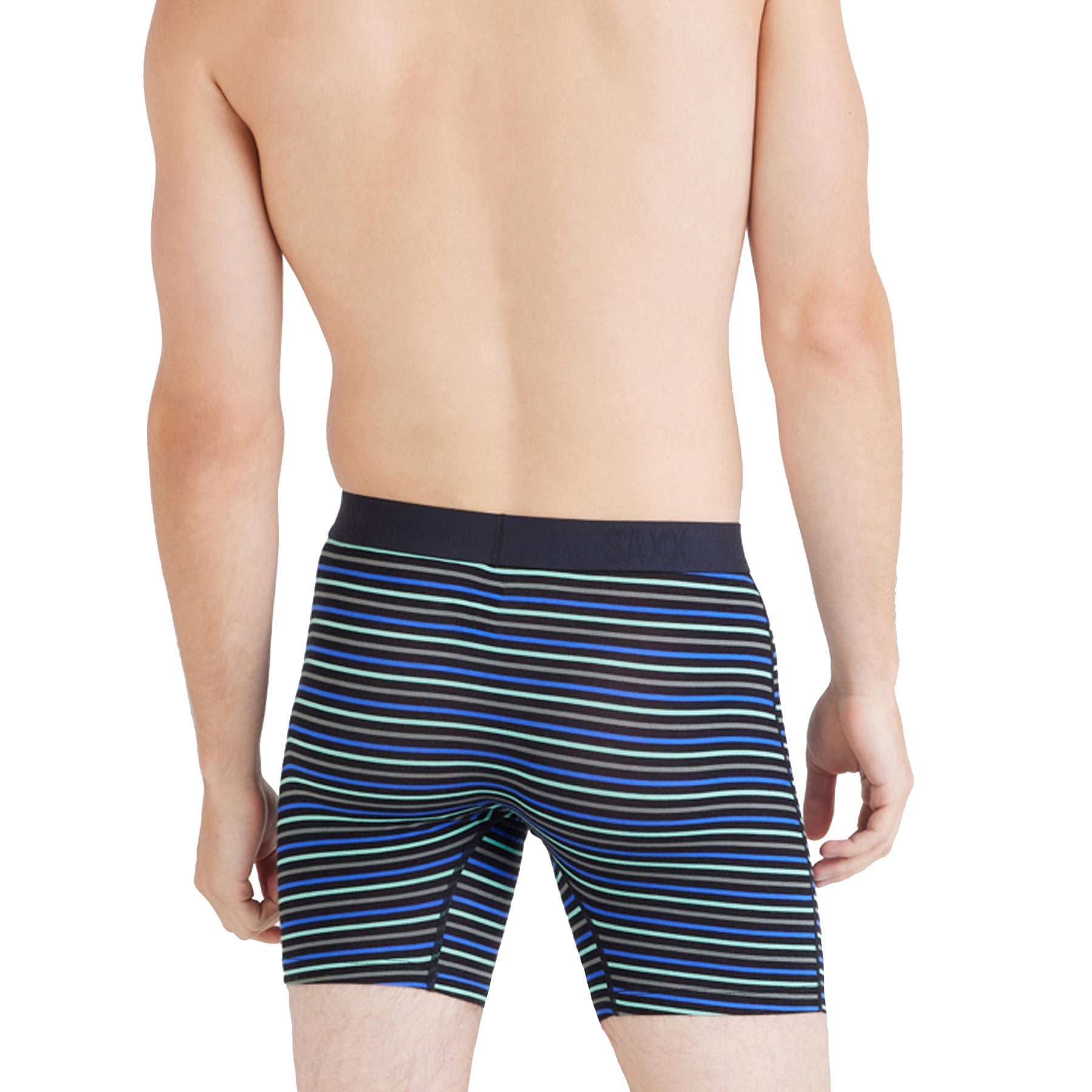 SAXX Gents Stripe Blue boxer brief with multicolour horizontal stripe pattern, back view on model.