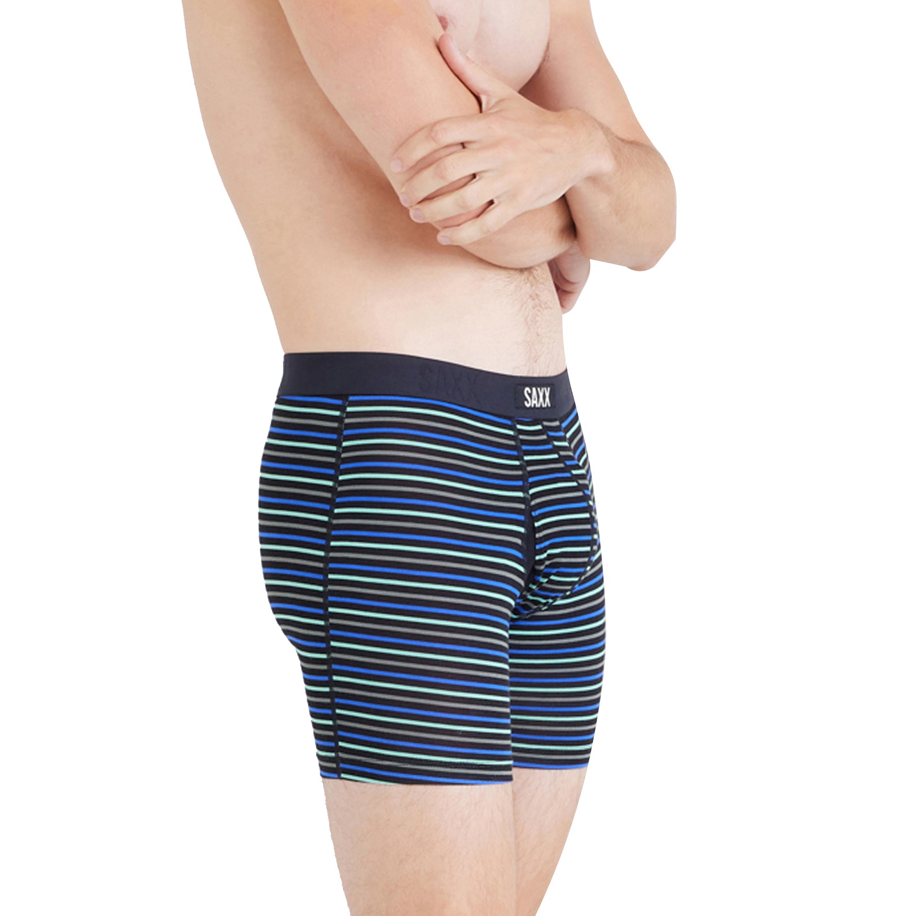 SAXX Gents Stripe Blue boxer brief shown on model in side profile with blue and aqua striped design.