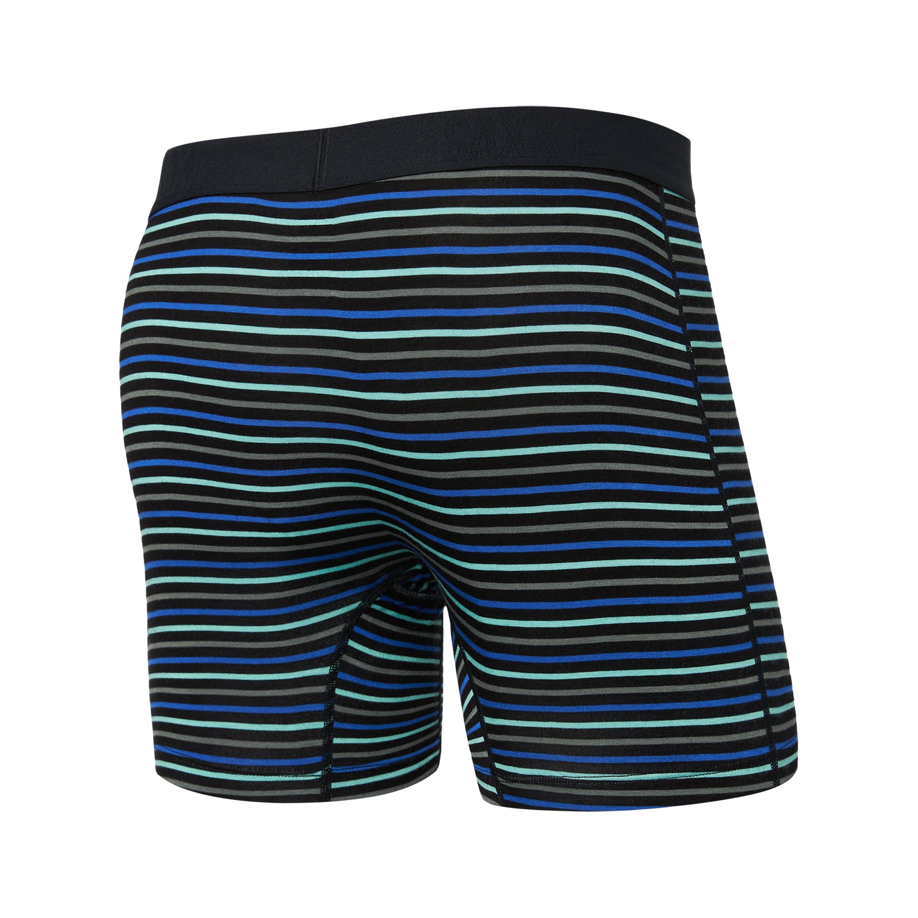 SAXX Gents Stripe Blue boxer brief featuring a classic blue, aqua, and grey striped pattern with a black waistband.