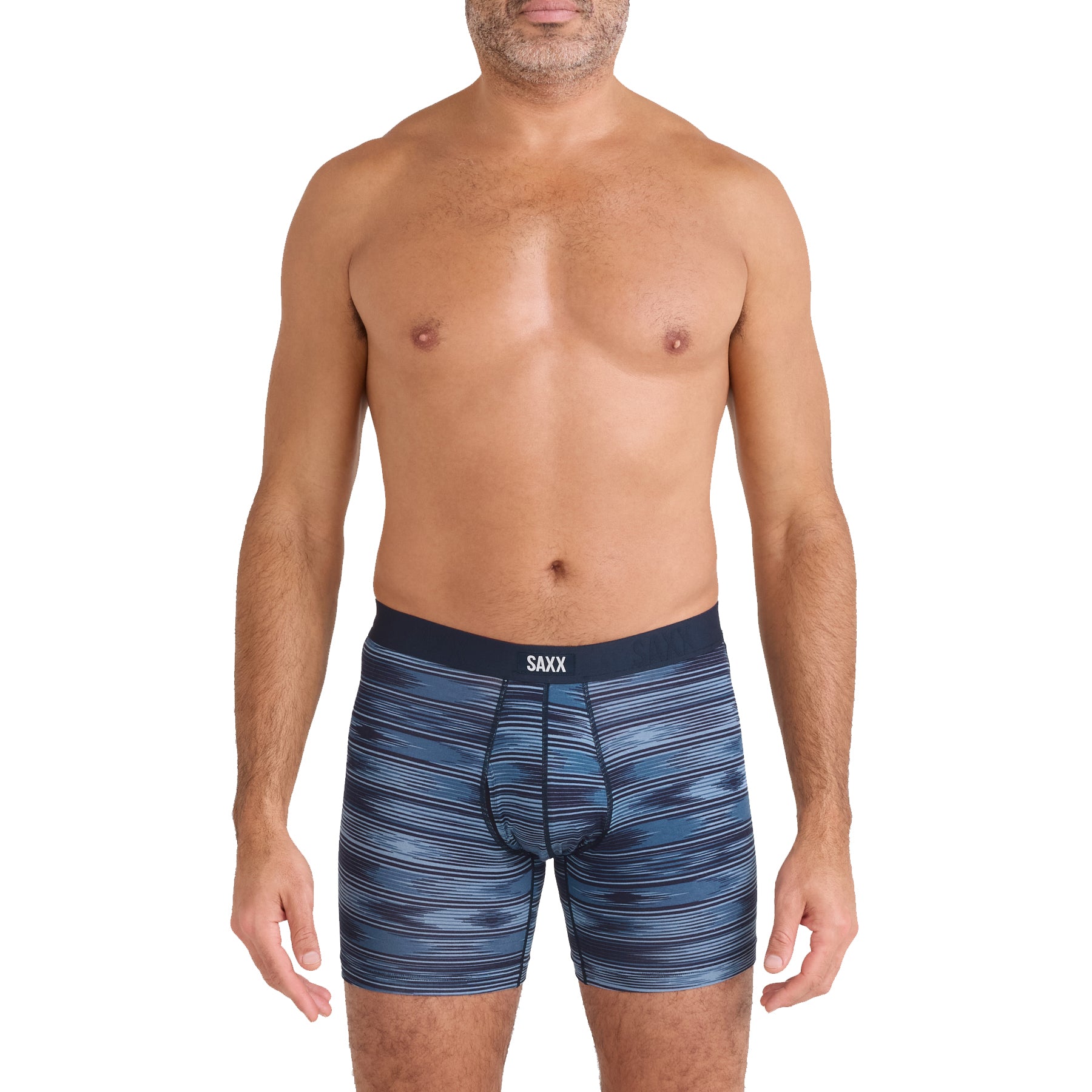 SAXX Ikat Stripe Dark boxer brief with modern blue ikat stripe design, front view on model.