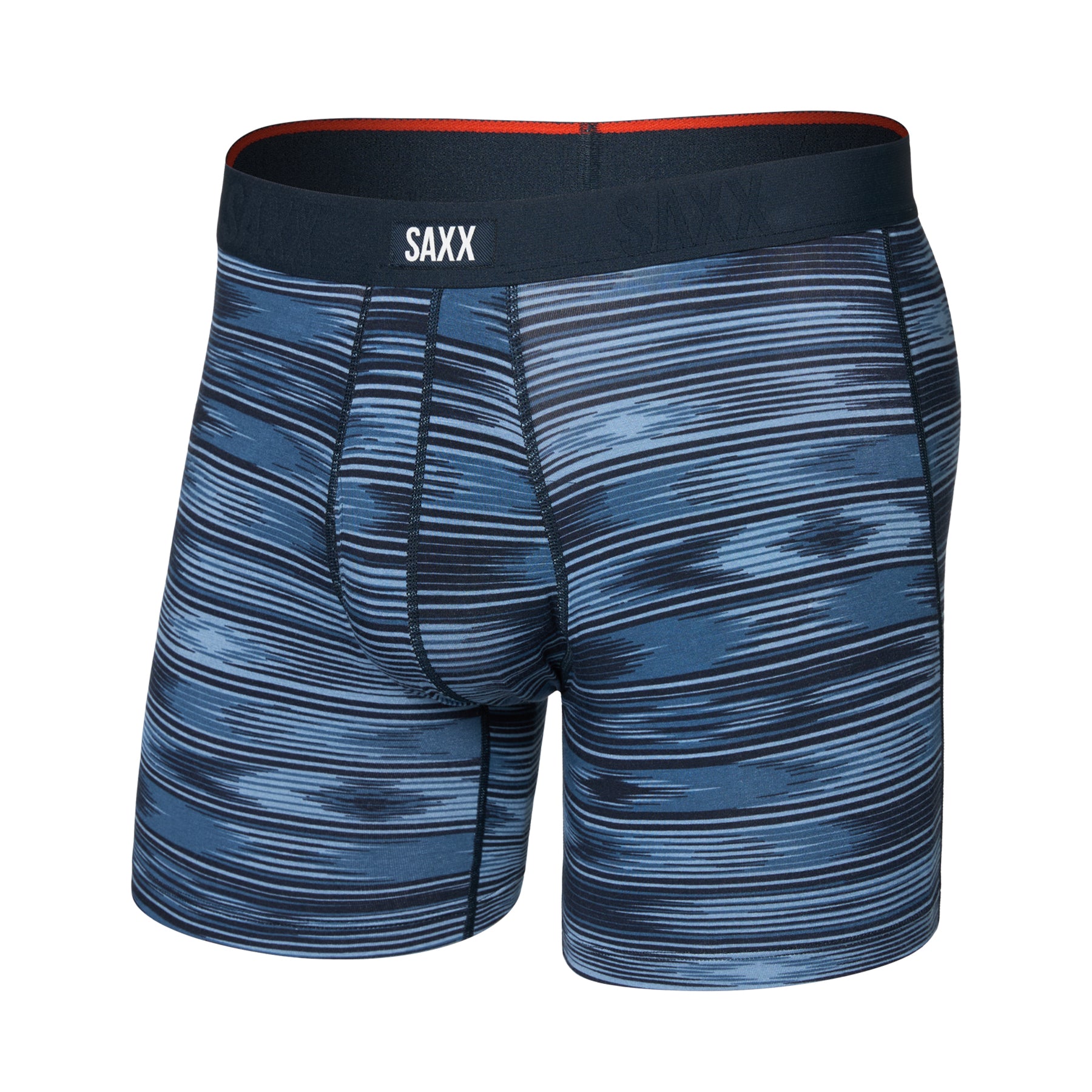 SAXX Ikat Stripe Dark boxer brief featuring a blue and navy ikat-inspired stripe pattern with a navy waistband.