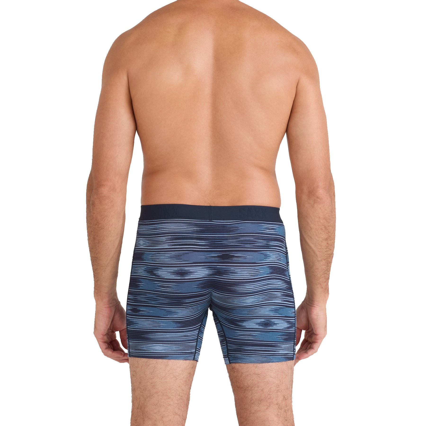 SAXX Ikat Stripe Dark boxer brief with abstract blue striped print, back view on model.