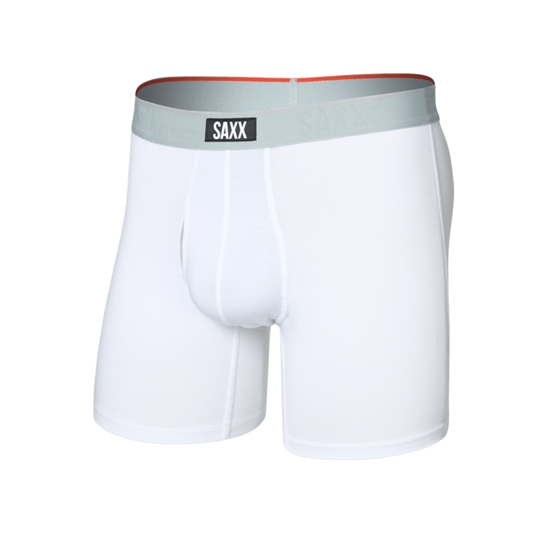Flat lay of SAXX white boxer briefs with grey waistband and front pouch design.