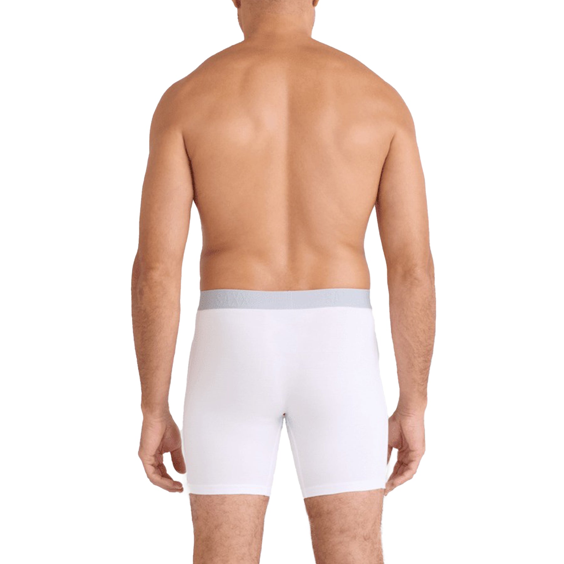 Back view of a man wearing SAXX white boxer briefs with grey waistband.