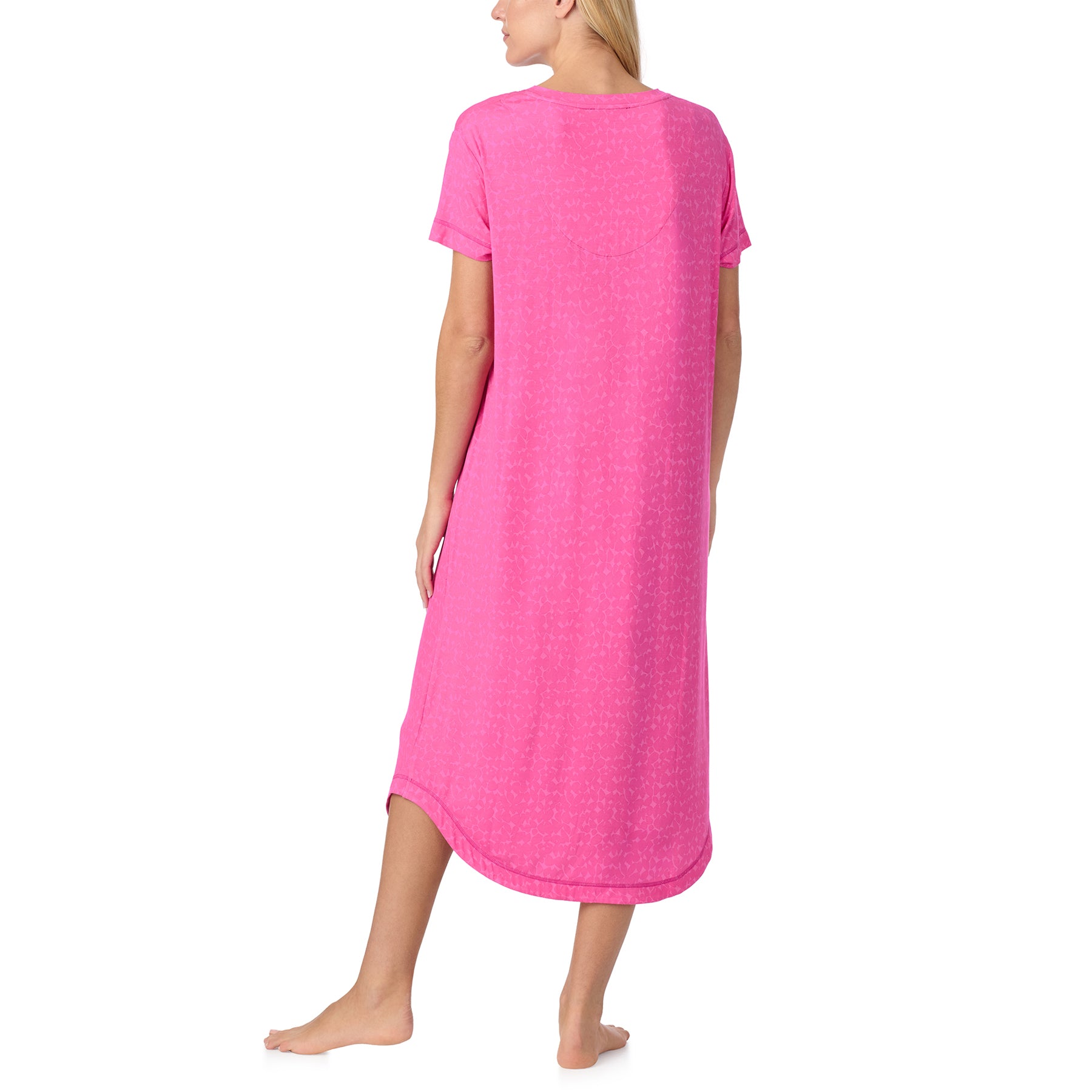 Back view of pink short sleeve nightgown with midi length, relaxed fit and curved hem detail