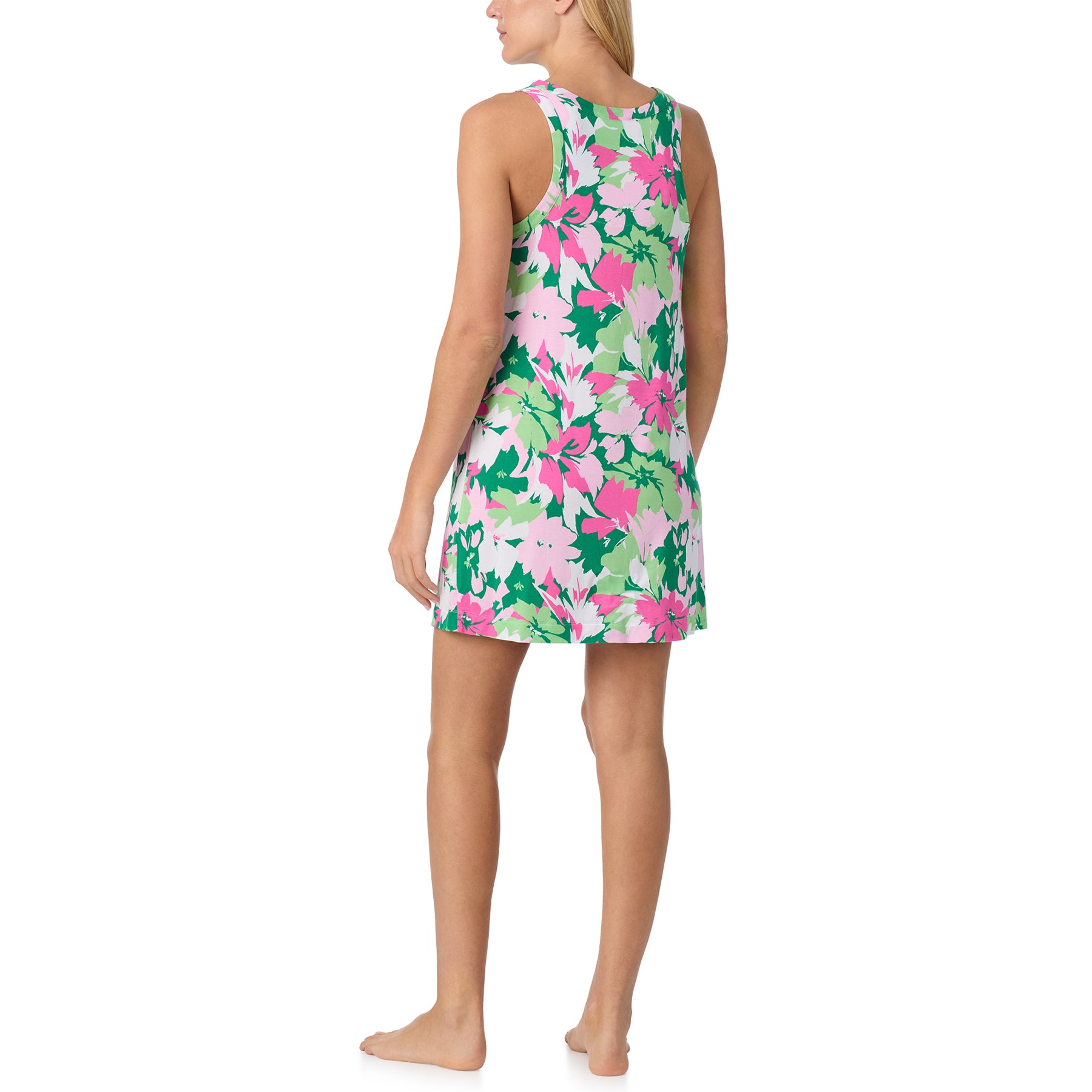 Back view of floral sleeveless nightdress in pink and green print with relaxed fit and lightweight fabric