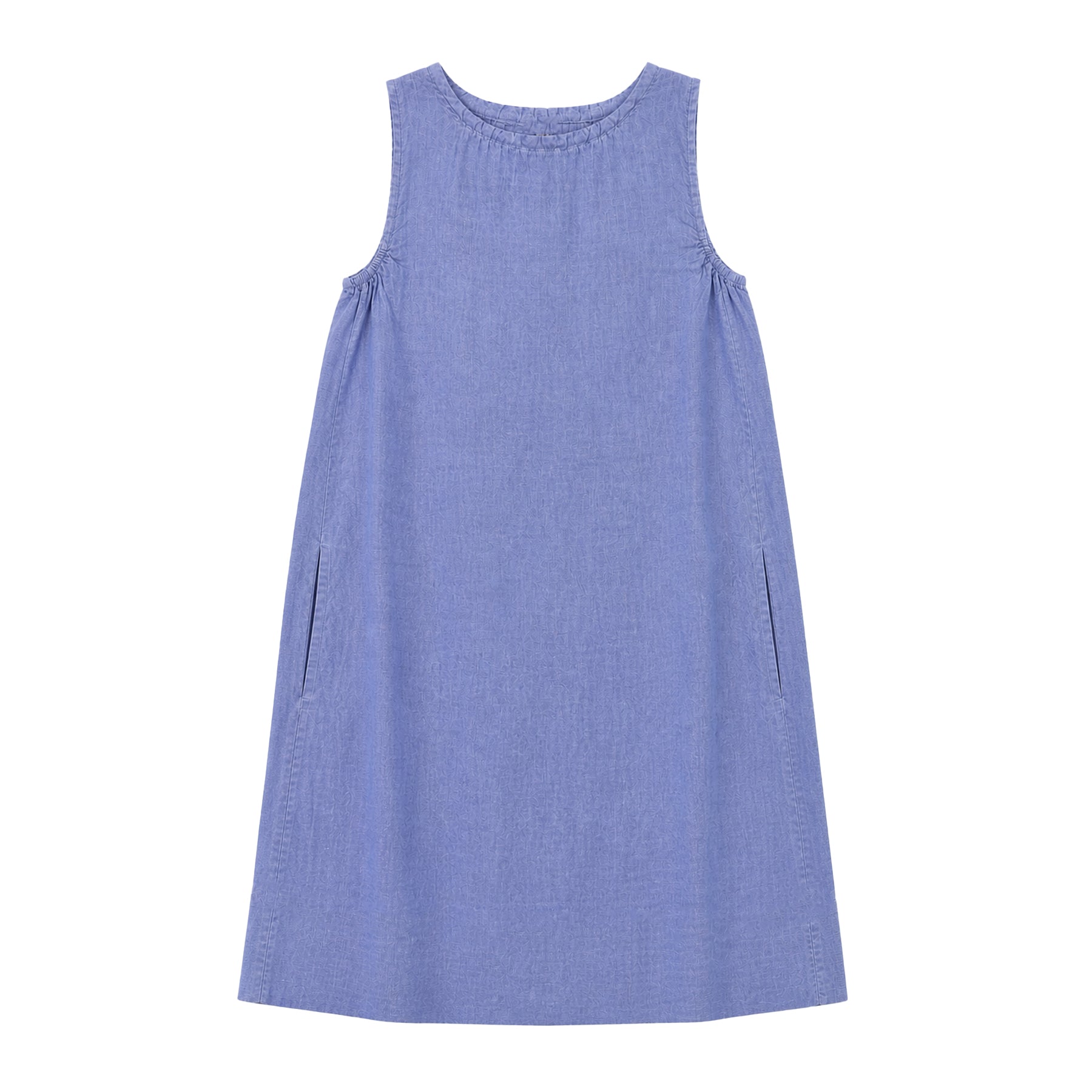 Azure blue sleeveless A-line dress flat lay on white background, featuring a soft textured fabric, round neckline, and hidden side pockets.