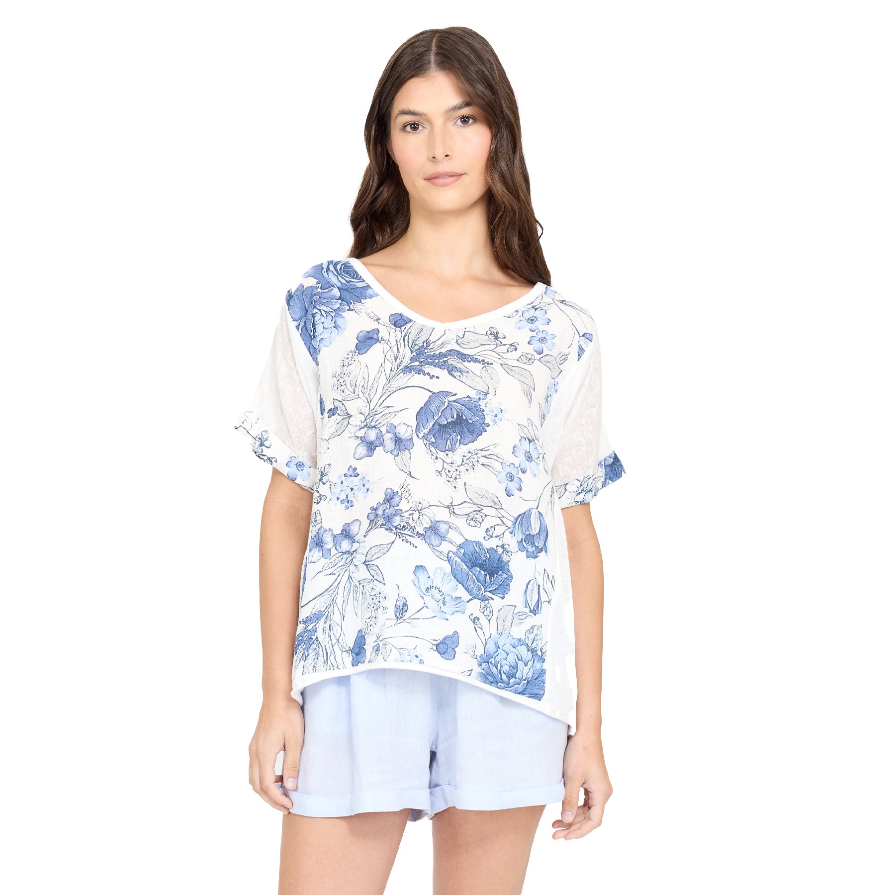 Blue and white floral short sleeve top on a model, featuring a soft scoop neckline, airy fabric, and delicate botanical print for a light, feminine look.