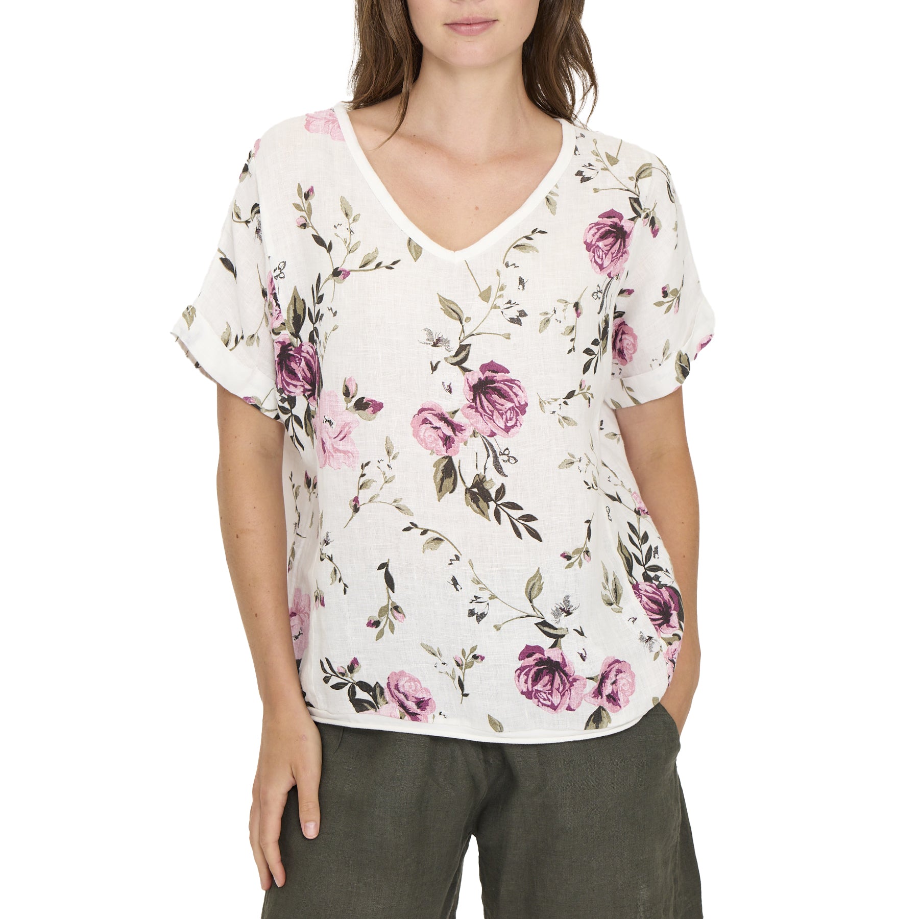 Woman wearing a floral blouse with pink roses on a white background